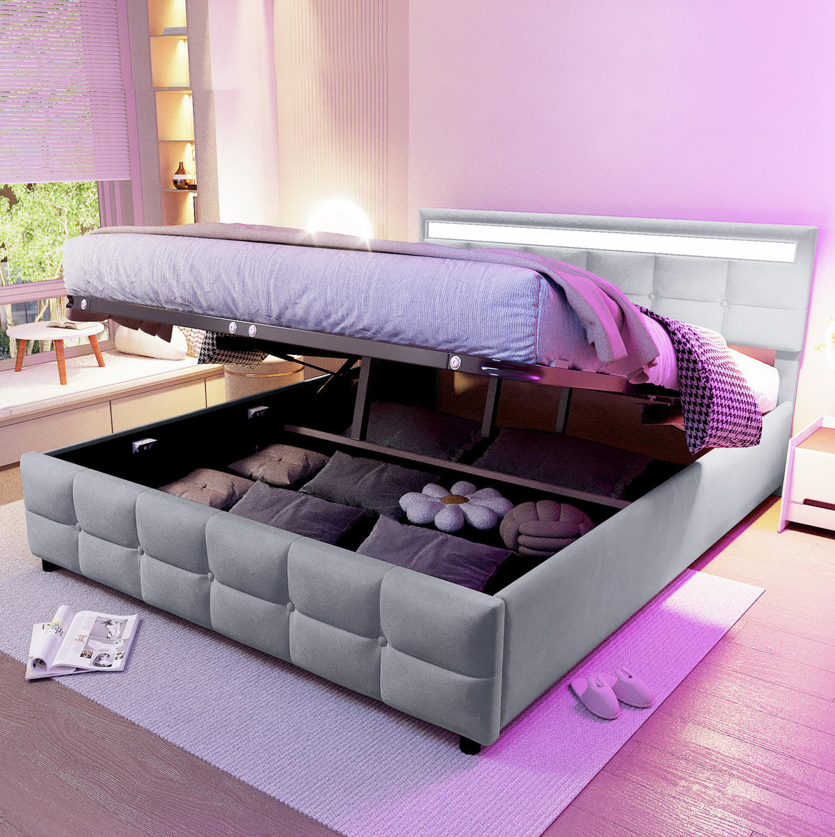 POLSTERBETT 180/200 cm aus Samt mit LED-Licht, Grau - Grau, Textil (180/200cm) - OKMYHOME