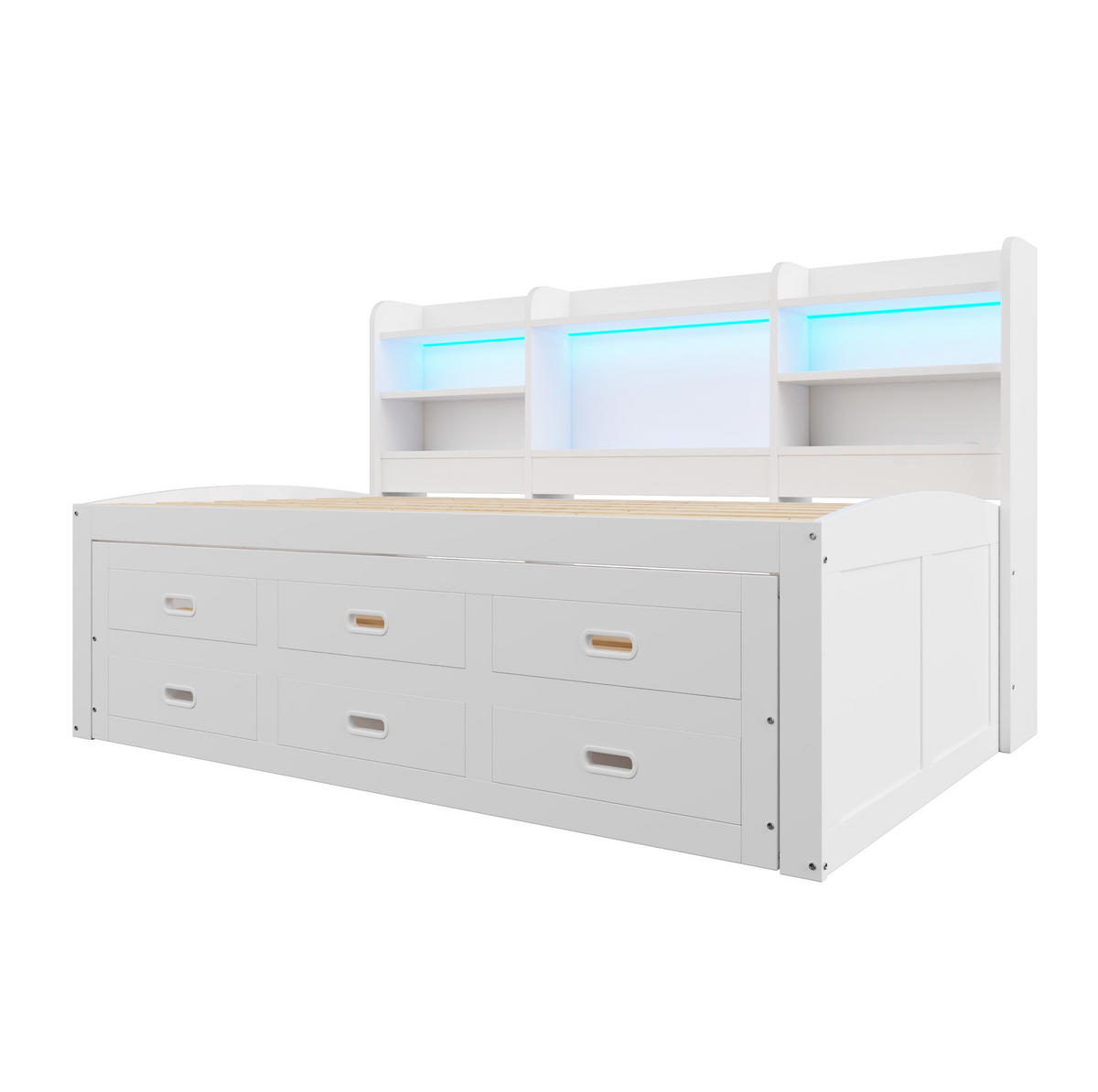 KREVET na izvlačenje 90/200 cm bijeli od iverala s LED rasvjetom, USB i 3 ladice - bijela, drvni materijal (90/200cm) - OKWISH