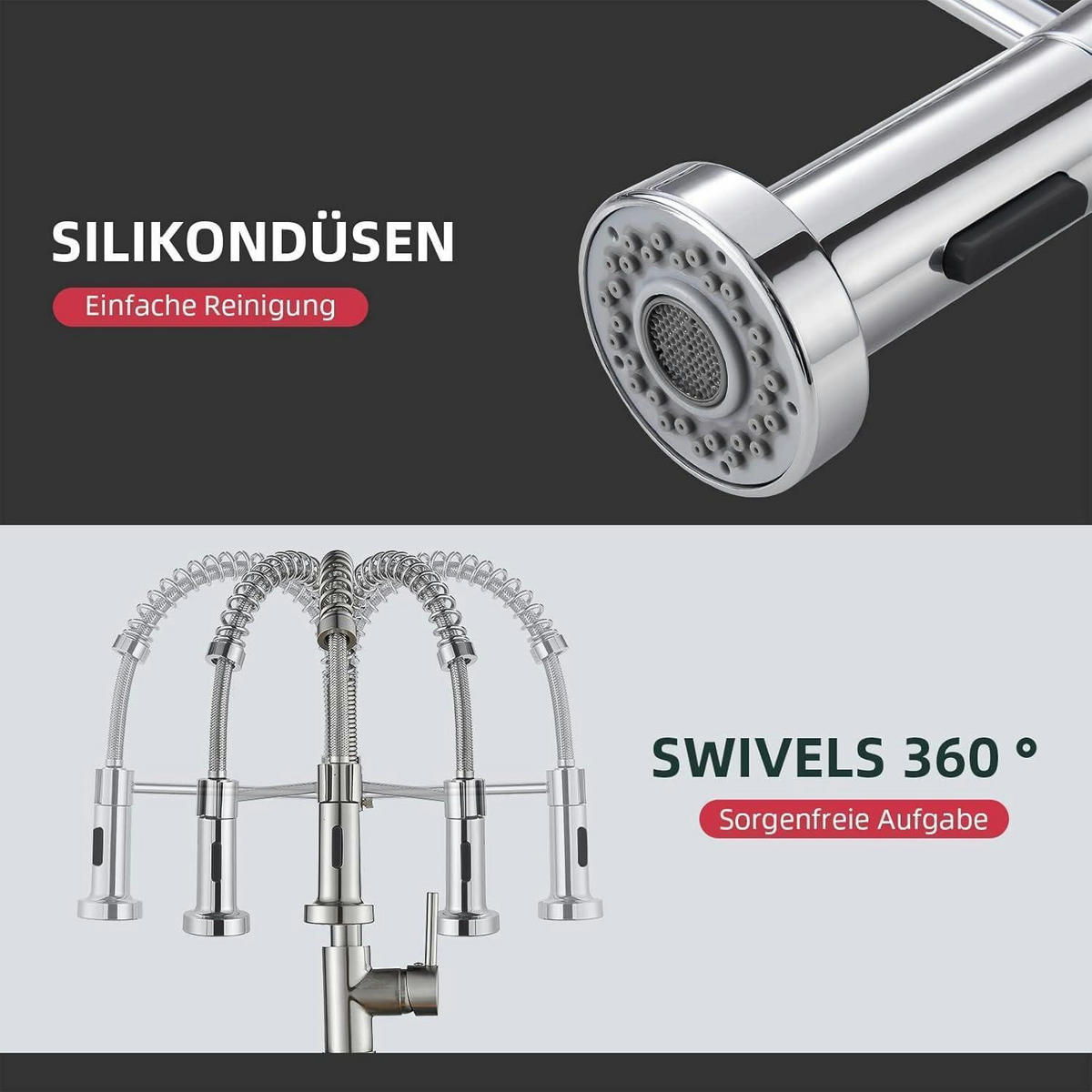 KÜCHENARMATUR Edelstahl Chrom 360° drehbar mit Brause - Silberfarben, Metall (20/5/25cm)