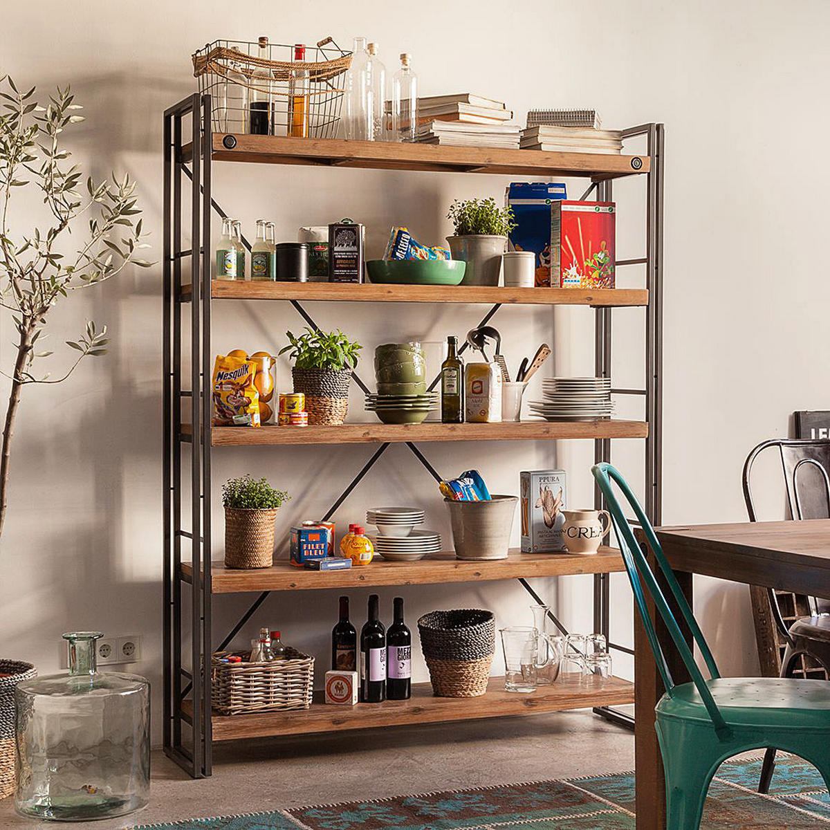REGAL mit 4 fächer - Akazie massiv / Metall, Breite 150 cm - Akaziefarben, Holz (150/190/35cm) - home24