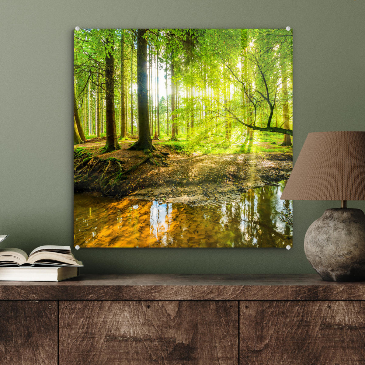 ACRYLGLASBILD Wald - Landschaft - Wasser - Bäume - Sonne - Grün - Natur 50x50 cm - Grün, Glas (50/50cm) - MuchoWow