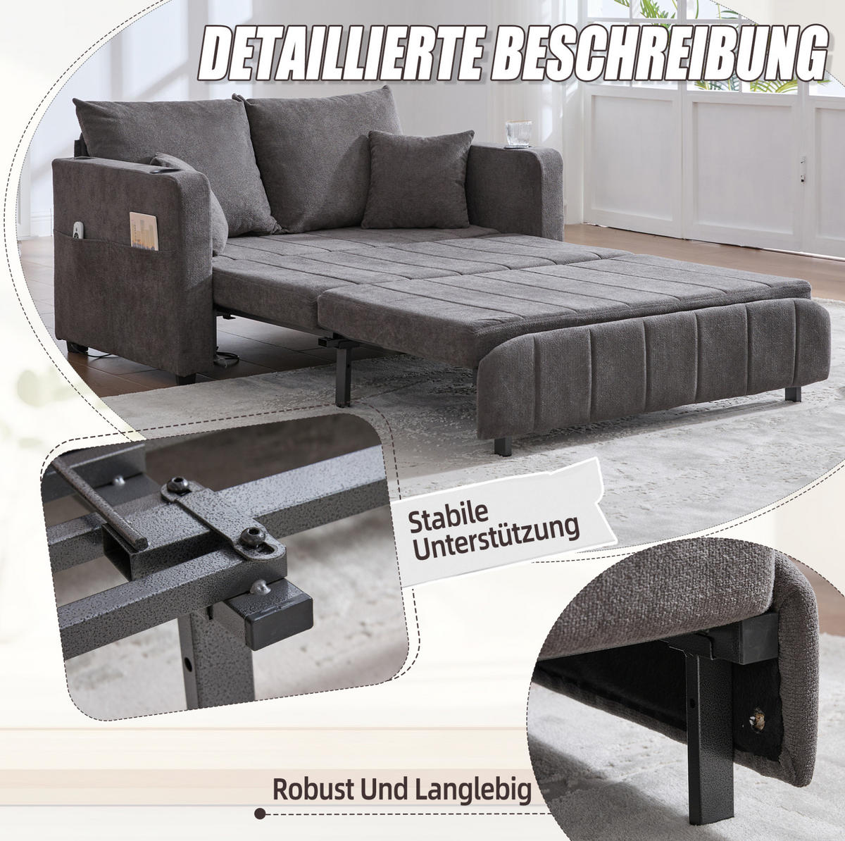 SCHLAFSOFA 136/200 cm aus Chenille mit Ausziehfunktion, Armlehnentaschen und 4 Kissen, Grau - Grau, Textil (139/83/73cm) - Redom
