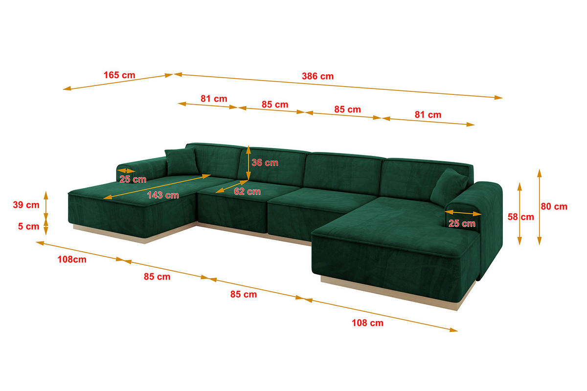 WOHNLANDSCHAFT IREA-U2 - 386x165x80 cm Grün - Smaragdgrün/Dunkelgrün, Holzwerkstoff/Textil (386/80/165cm) - ALTDECOR