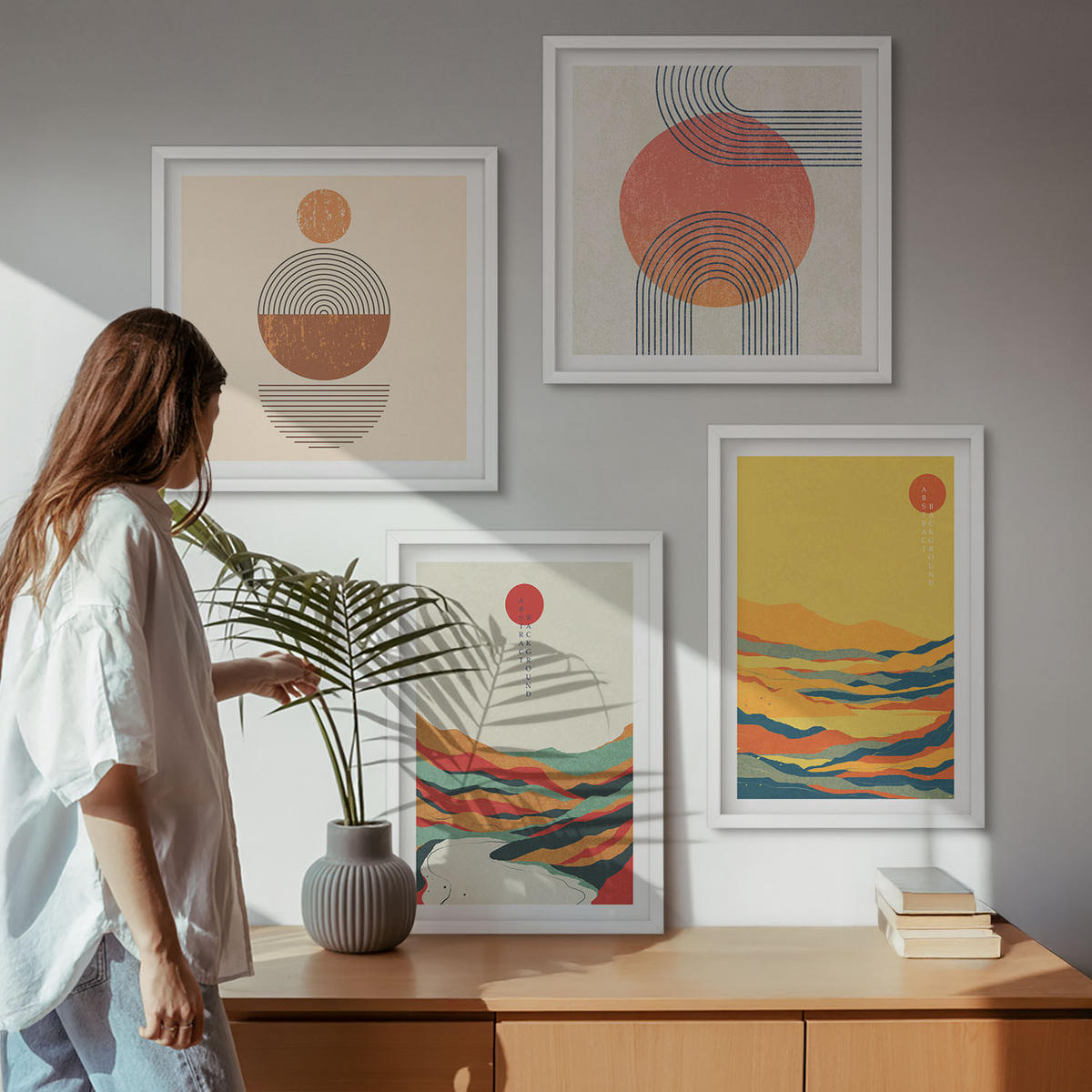 WANDBILDER 4er-Set - 50x50 cm & 40x60 cm Weißer Rahmen - Farbenfrohe Muster der Japandi-Flussberge - Weiß, Kunststoff (50/50cm) - ArtPrintCave