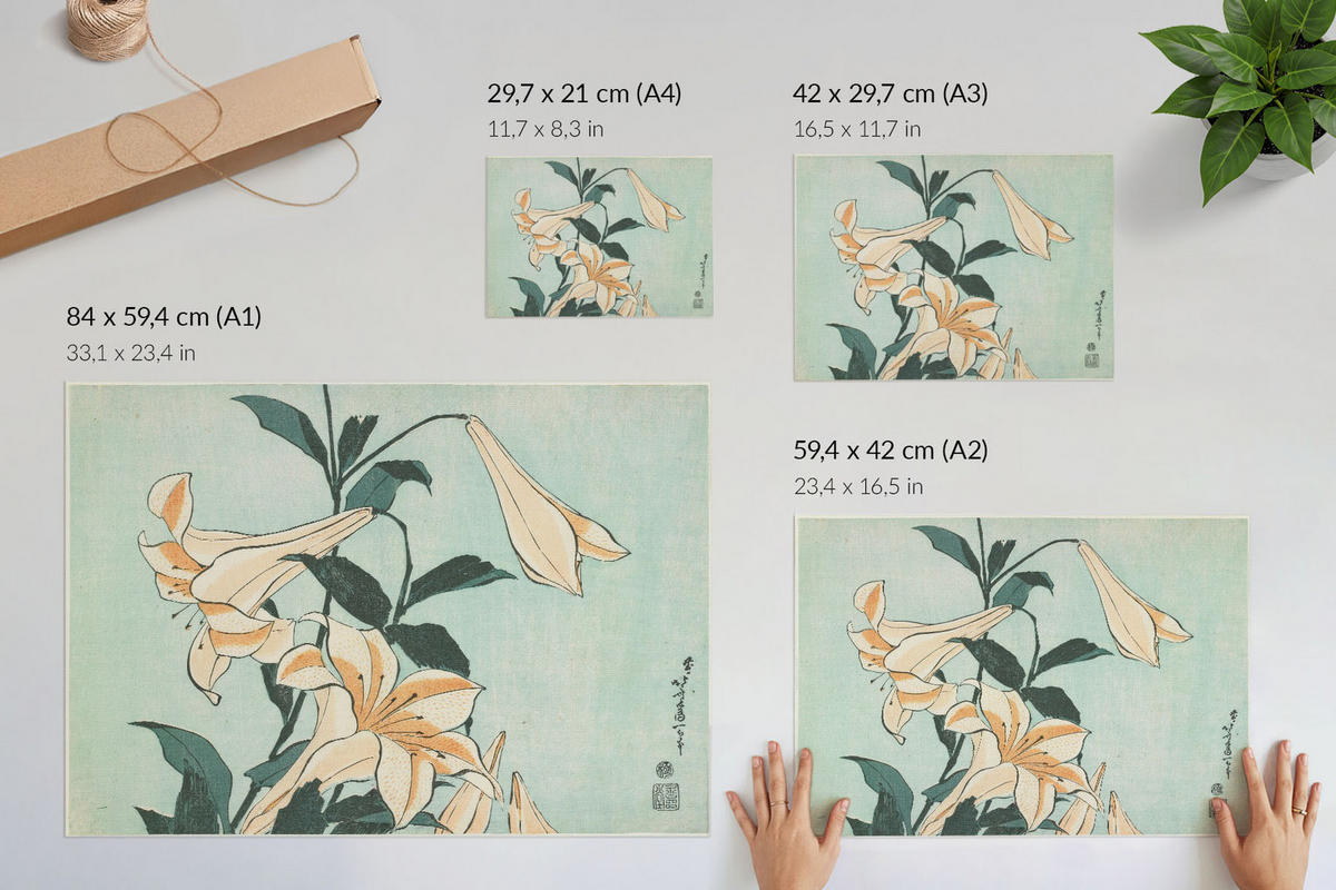 POSTER - 42x29 cm (A3) - Hokusai - Lilien - Türkis, Textil (42/29.7/0.1cm) - TULUP
