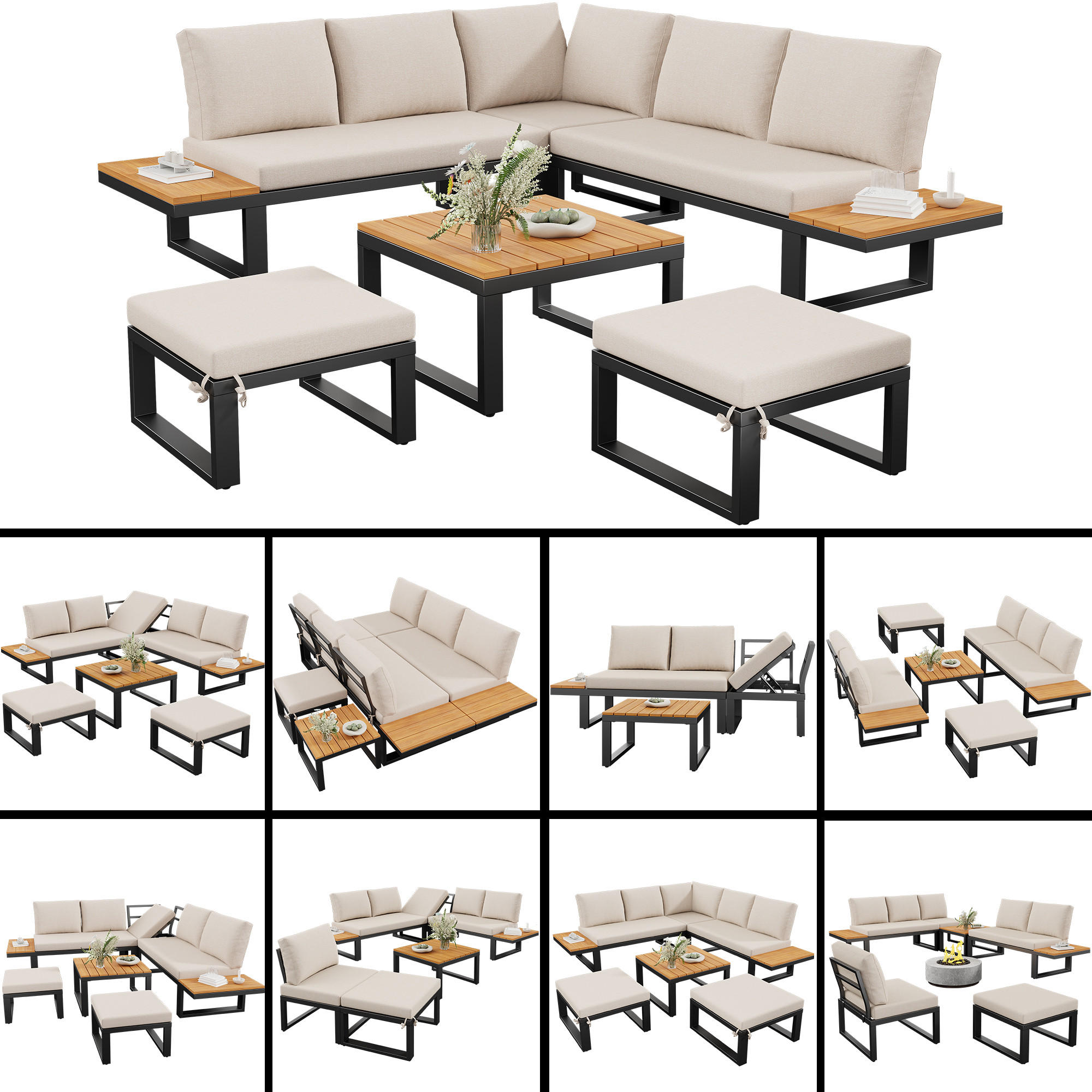 GARTENLOUNGE 6tlg Grau Beige Ecksofa Tisch Hocker verstellbar - Beige, Metall - FLIEKS
