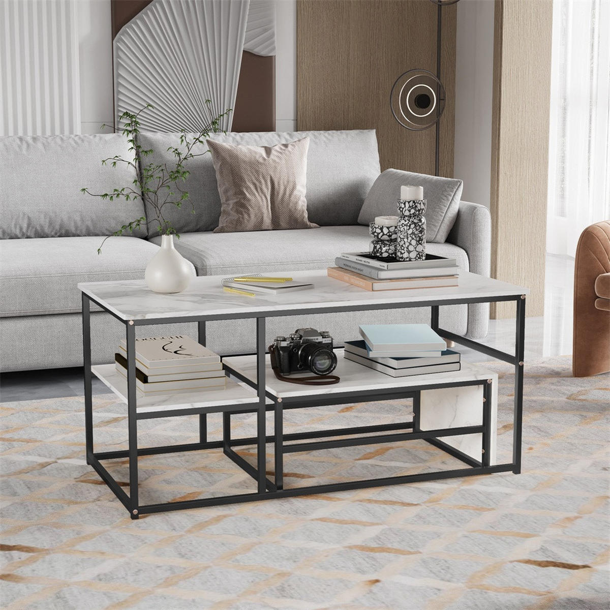 COUCHTISCH - Rechteckiger Couchtisch in Marmoroptik mit schwarzem Metallgestell - Weiß und Schwarz - Schwarz, Holzwerkstoff (52/105/48.5cm) - DELFA