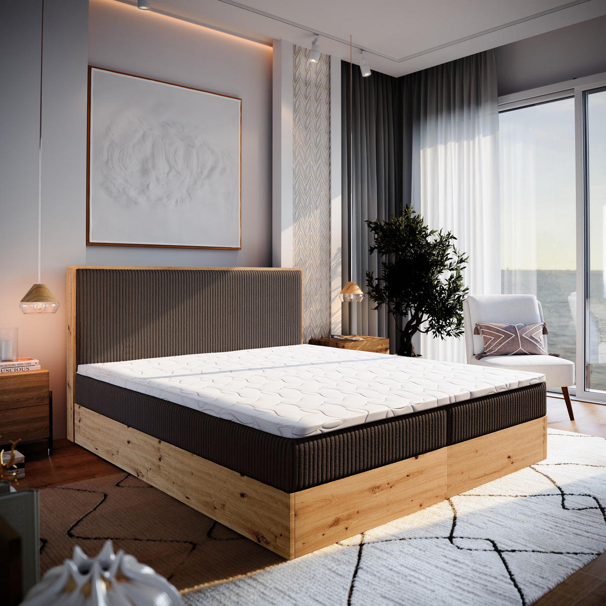 BOXBETT VERDON 140x200 cm mit Matratze und Topper - Braun - Braun, Holz (140/200cm) - MASSENO