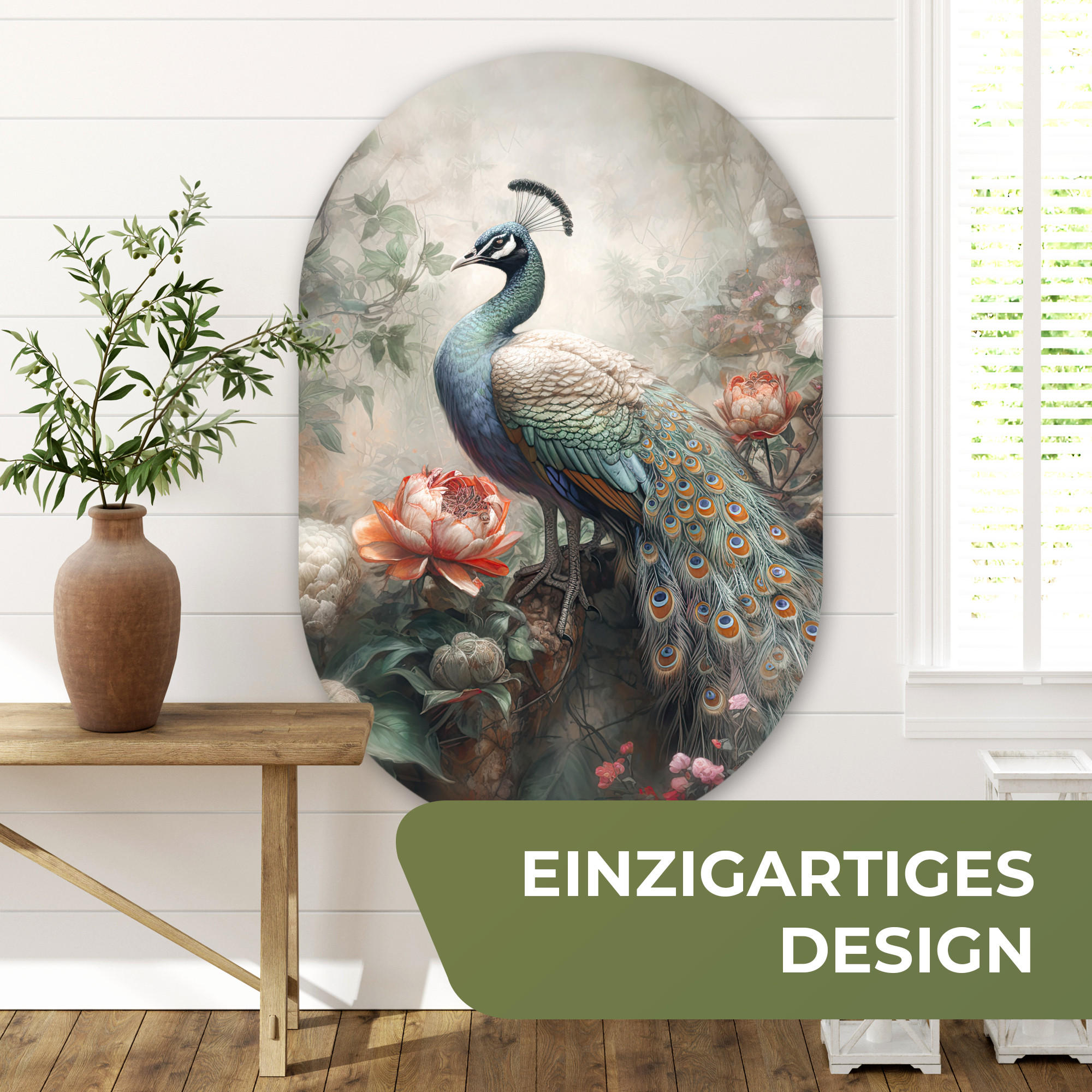WANDBILD Pfau - Pfauenfedern - Vogel - Dschungel - Blumen 80x120 cm - Smaragdgrün, Kunststoff (80/120cm) - MuchoWow