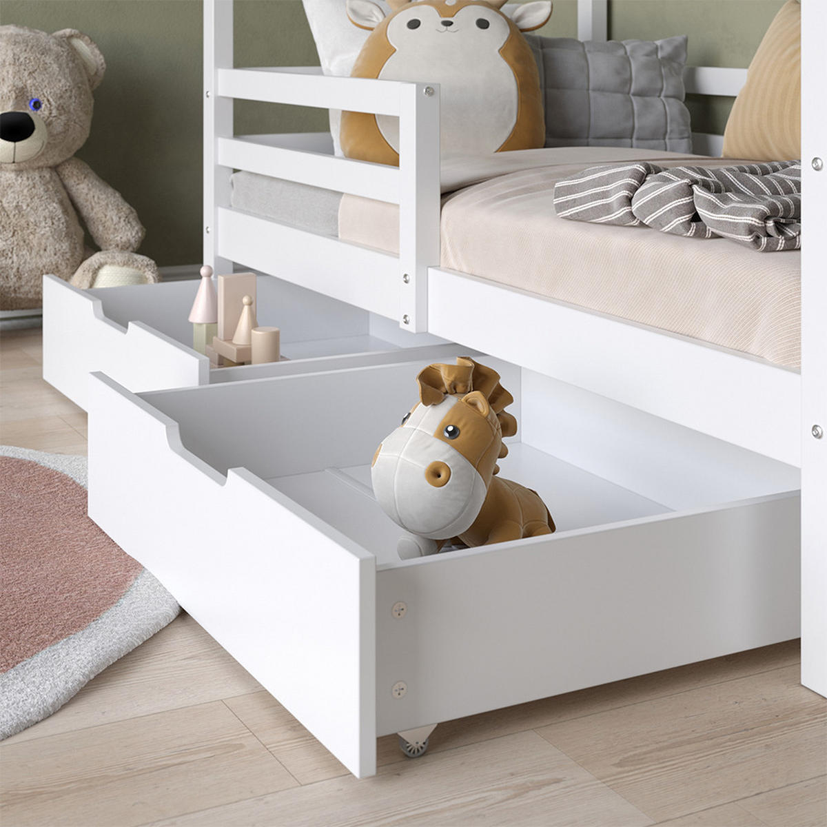 HAUSBETT Luni Weiß 160 x 80 cm mit Aufbewahrungskästen - Weiß, Holz - VitaliSpa