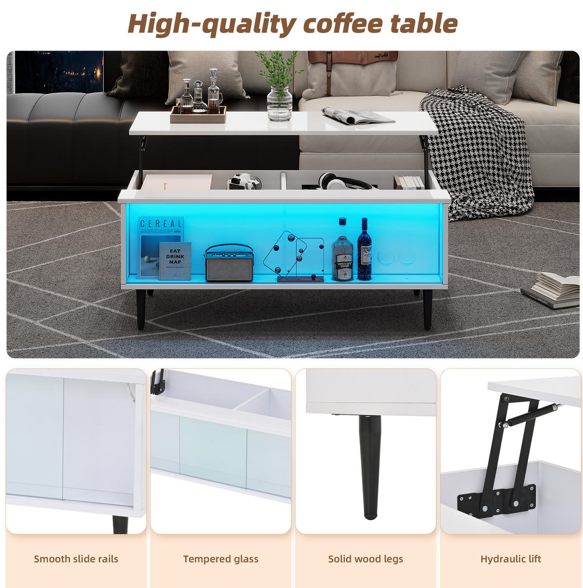 COUCHTISCH aus Spanplatte 105x50x43 cm Weiß höhenverstellbar mit Stauraum, LED und Glasschiebetüren - Weiß, Holzwerkstoff (105/50/43cm) - IVMEU