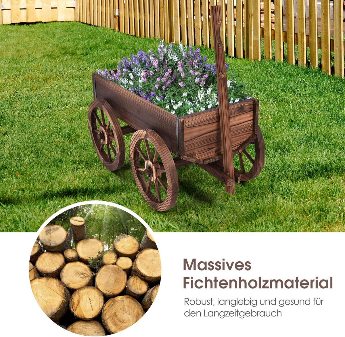 BLUMENWAGEN Holz, Pflanzwagen 4 Rädern Braun - Braun, Holz (43/54/120cm) - COSTWAY