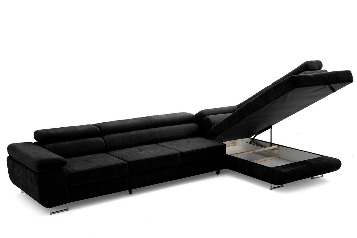 ECKSOFA WILD MAXI L Rechts mit Schlaffunktion 125x195 Chenille Schwarz - Chromfarben/Schwarz, Holz/Textil (203/350cm) - Muffo