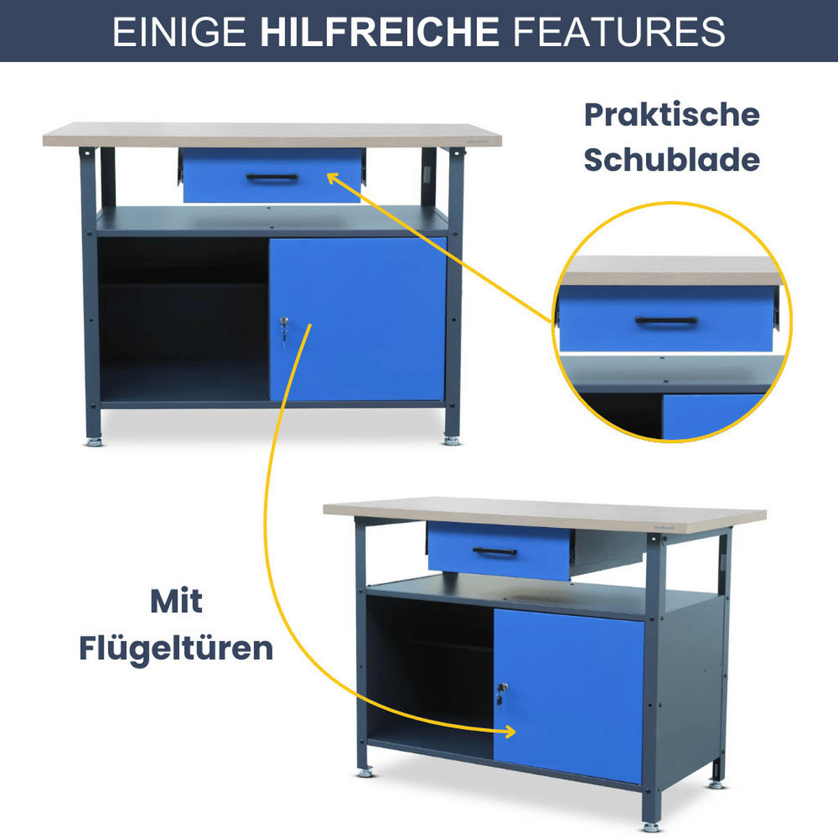 WERKBANK Werkstatt ERWA 85x120x60cm Anthrazit-Blau - Anthrazit, Metall (120/85/60cm) - DELUKE