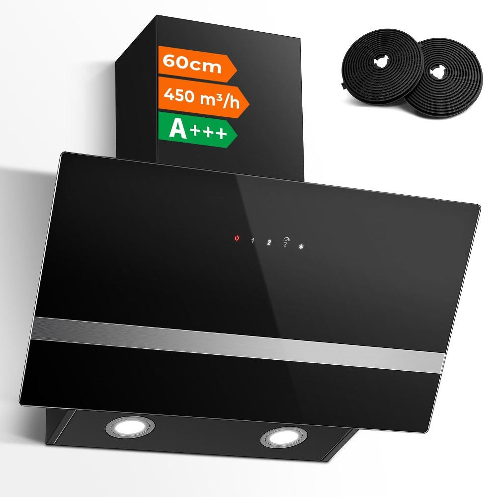 DUNSTABZUGSHAUBE 60cm KOPFFREIHAUBE ENERGIEEFFIZIENZKLASSE A+++ Schwarz Wandmontage 59,5/59/33,8 cm - Schwarz, Metall (35.1/44.5/65.02cm) - Rolipo