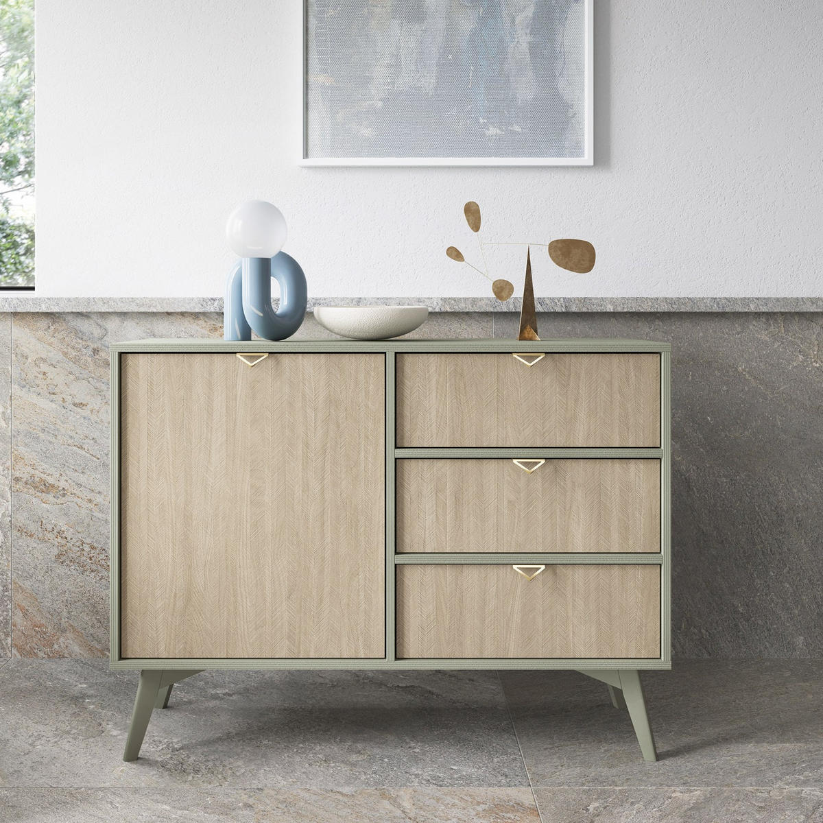 KOMMODE Silva 106 cm in der Farbe Eukalyptus + Scandi-Fischgrätmuster mit Türen und Schubladen - Goldfarben/Grün, Holz/Holzwerkstoff (106/81/38cm) - Ravio