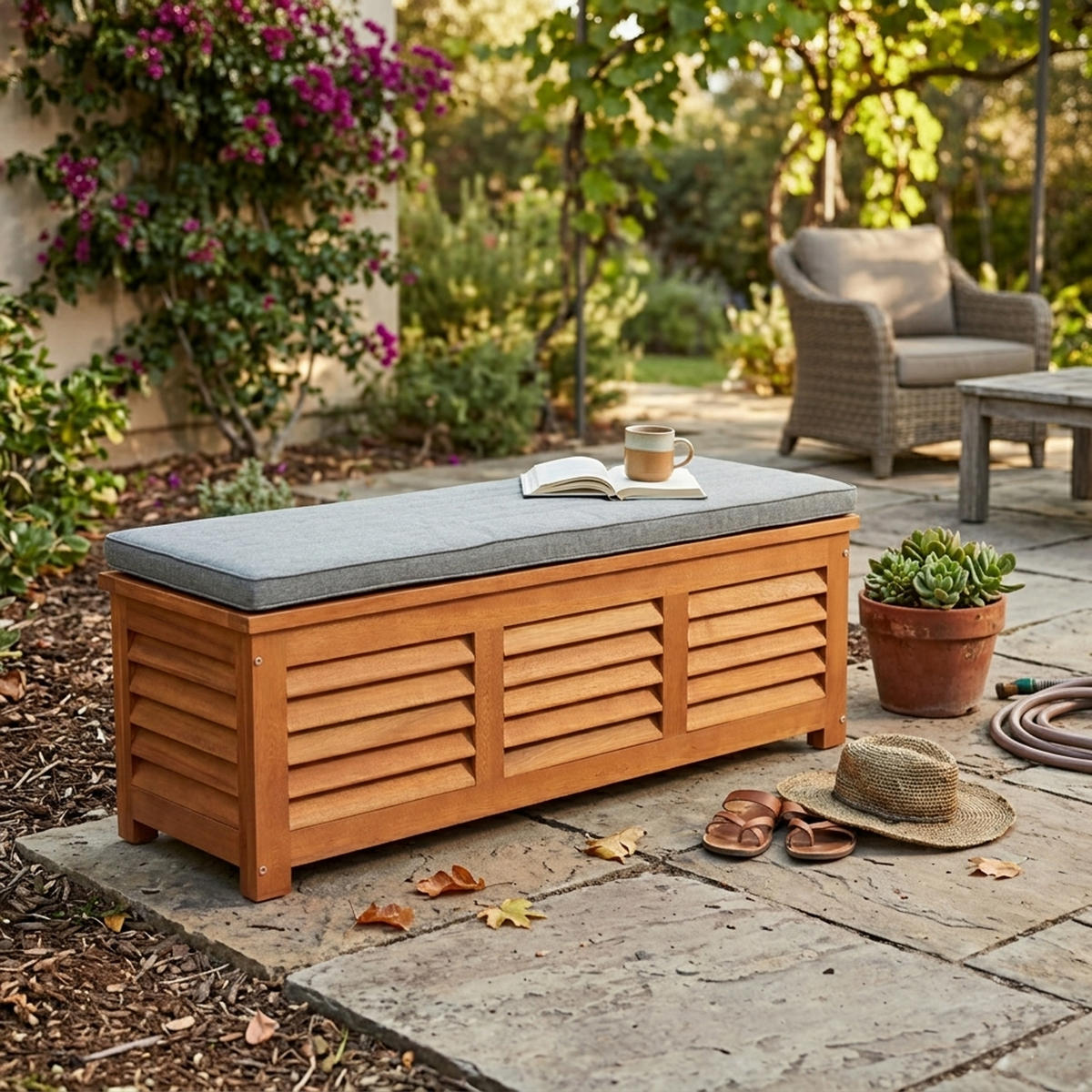 KISSENBOX Cardiff aus Eukalyptusholz, mit Sitzpolster 5cm grau, 128x42x43 cm - Braun, Holz (128/43/42cm) - TPFGarden