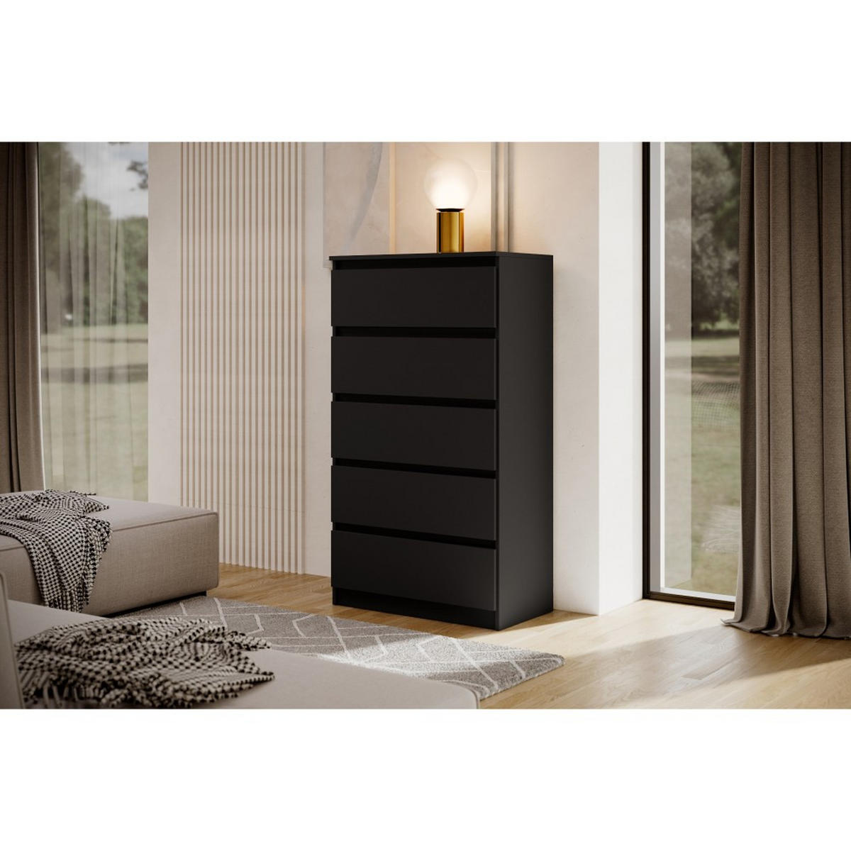 KOMMODE Lemon 70 cm mit fünf Schubladen schwarz matt - Schwarz, Holzwerkstoff (70/124.5/39cm) - Beautysofa