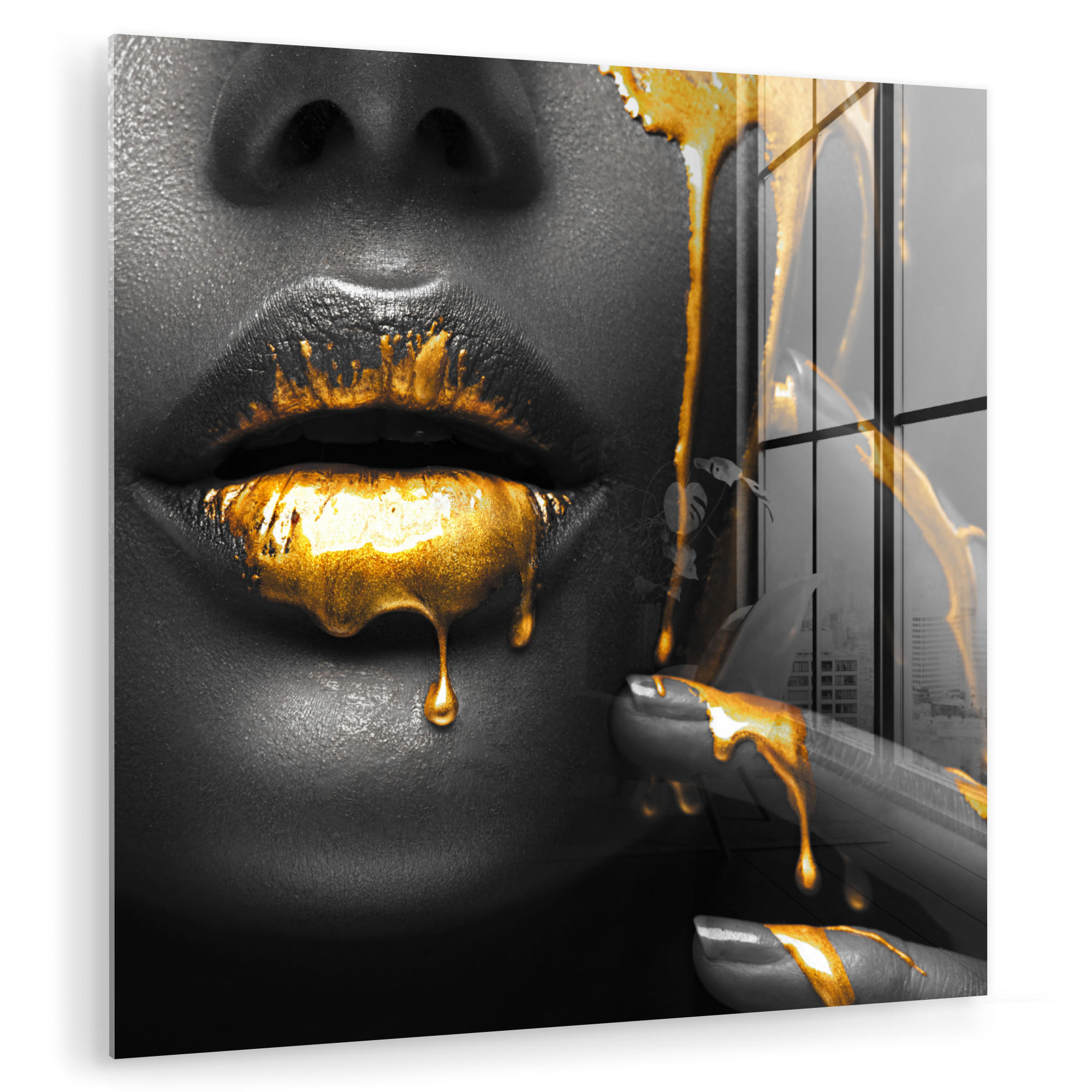 ACRYLGLASBILD Frau - Schwarz - Gold - Gesicht - Lippen 50x50 cm - Goldfarben, Glas (50/50cm) - MuchoWow