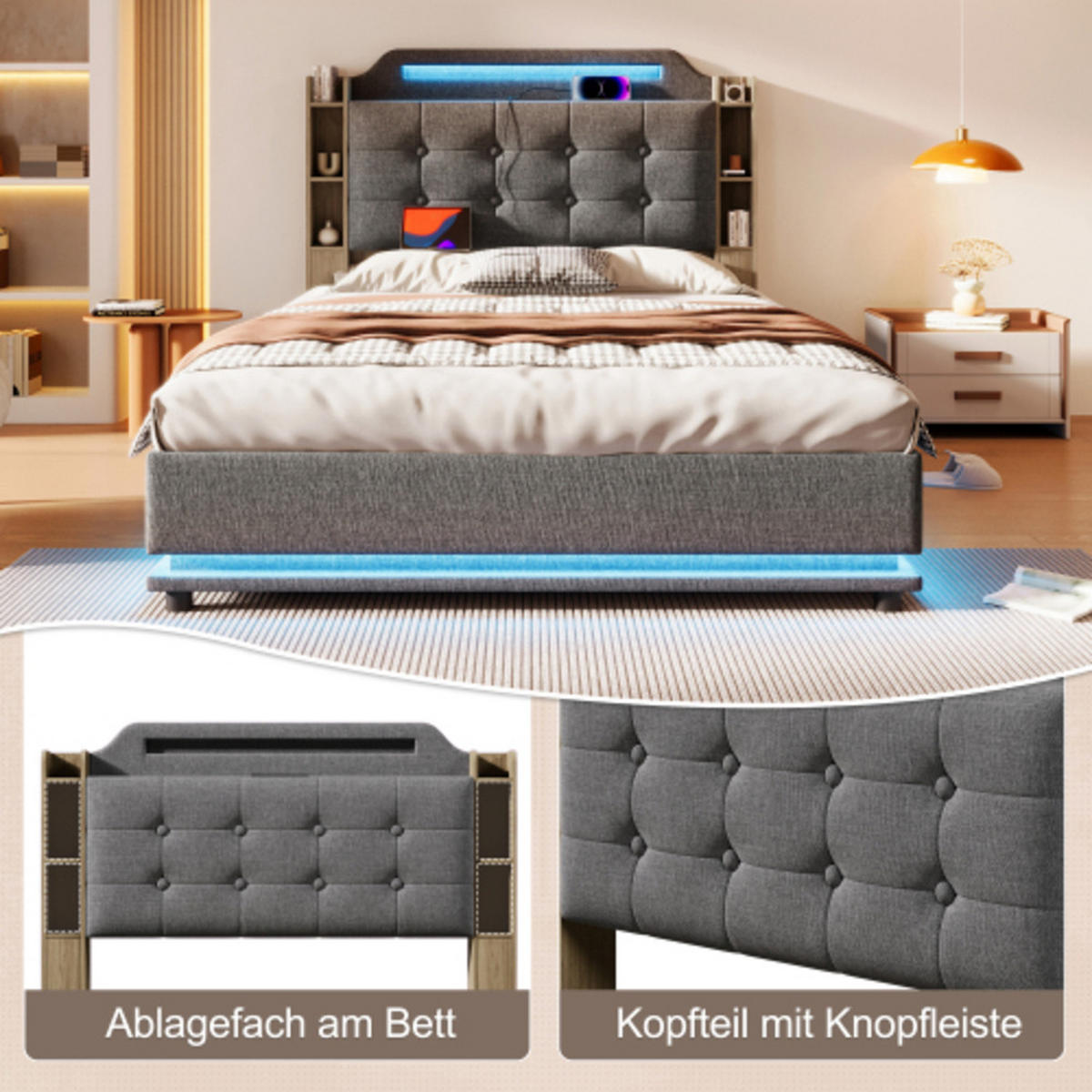 POLSTERBETT 140 × 200 cm mit Leinenbezug, LED-Lichtleisten, Hydraulikstauraum und USB-C Schnellladestation, grau - Grau, Textil (140/200cm) - Luhomfu