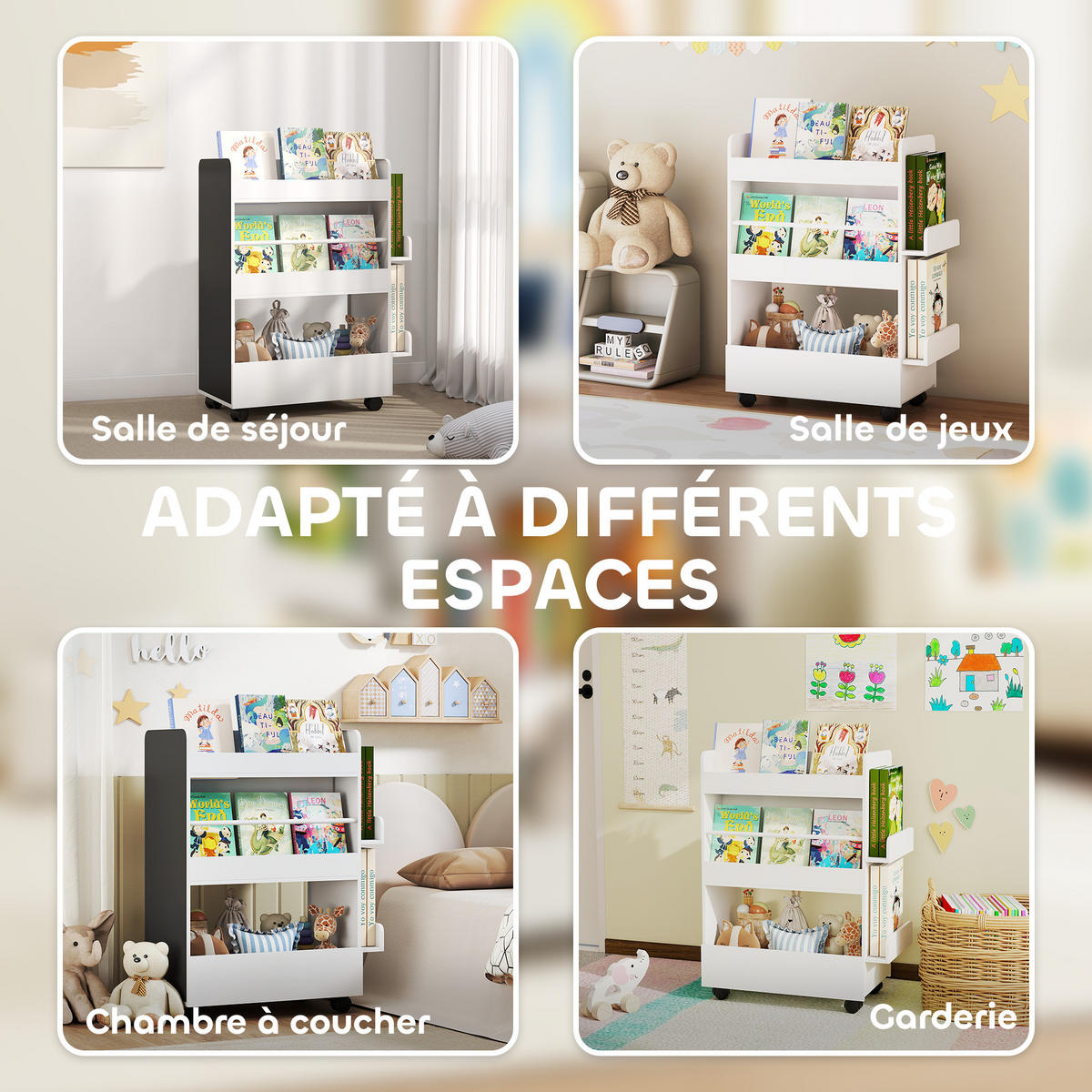 KINDERREGAL DE-17278 4 Ebenen & Tafel, mit Rollen Weiß - Weiß, Naturmaterialien (66.5/86.5/32.5cm) - ComfortXL