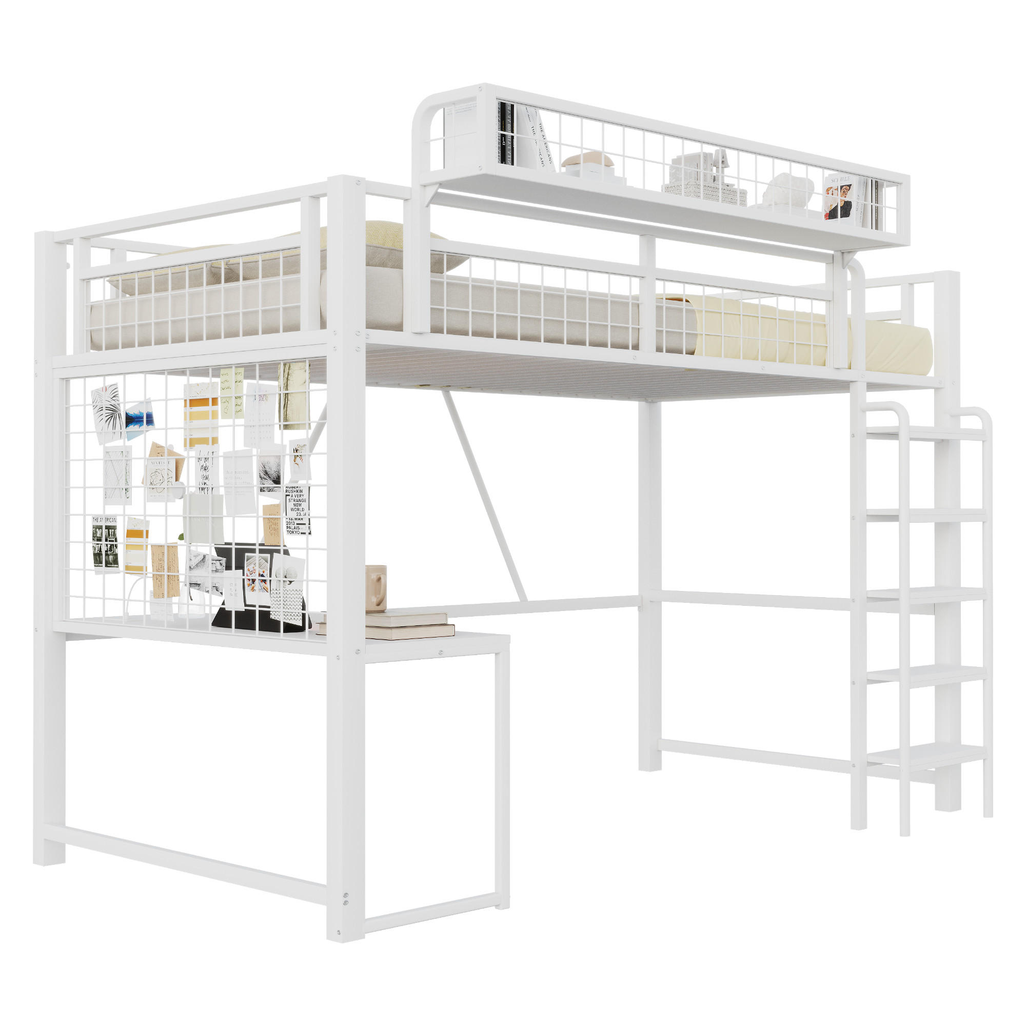 HOCHBETT 90/200 cm in Weiß mit Schreibtisch, LED, Steckdose und Ablage Metall modern - Weiß, Holzwerkstoff/Metall (90/200cm) - STILVORA