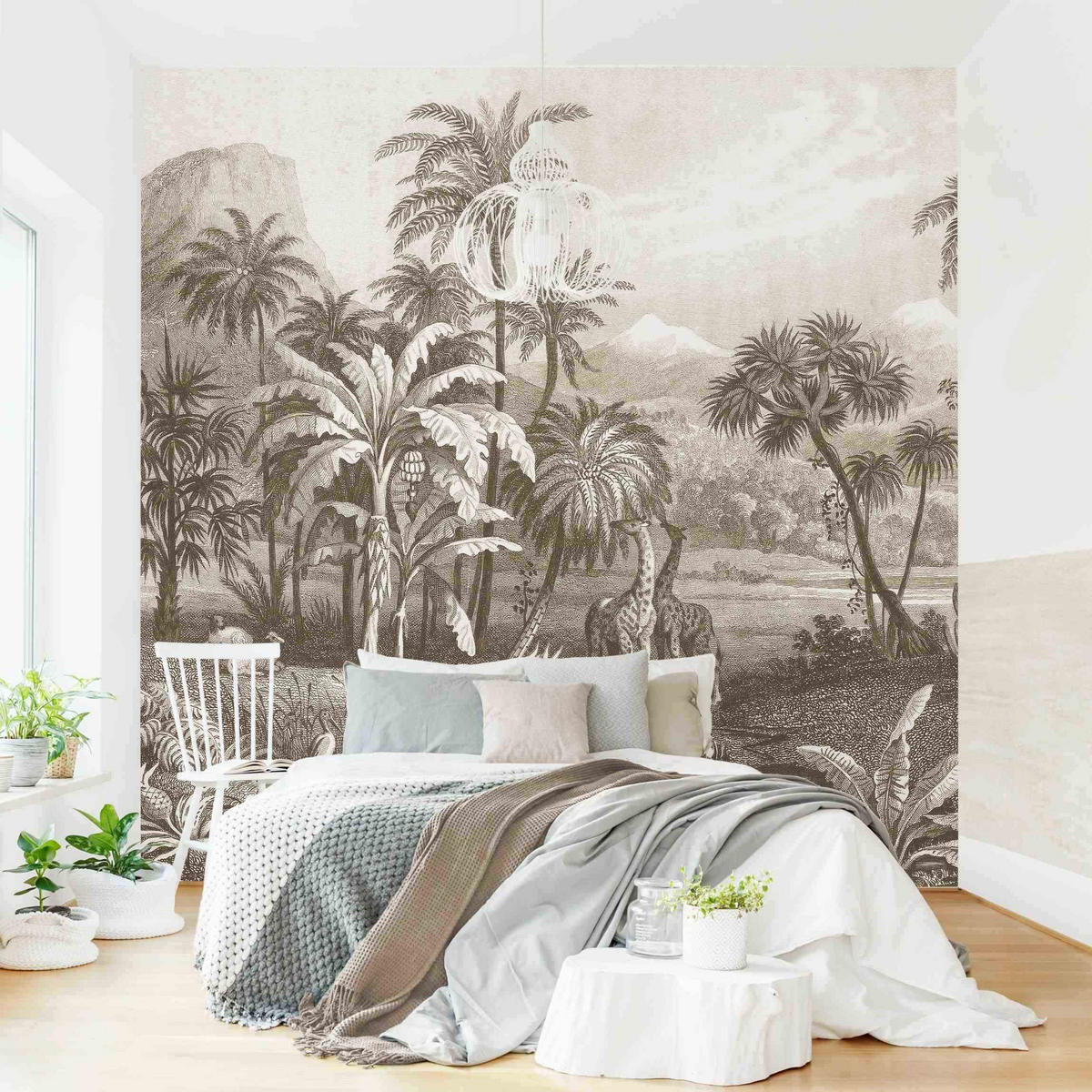 FOTOTAPETE Tropischer Kupferstich mit Giraffen in Braun 240/240 cm - Eichefarben, Papier (240/240cm) - Bilderwelten