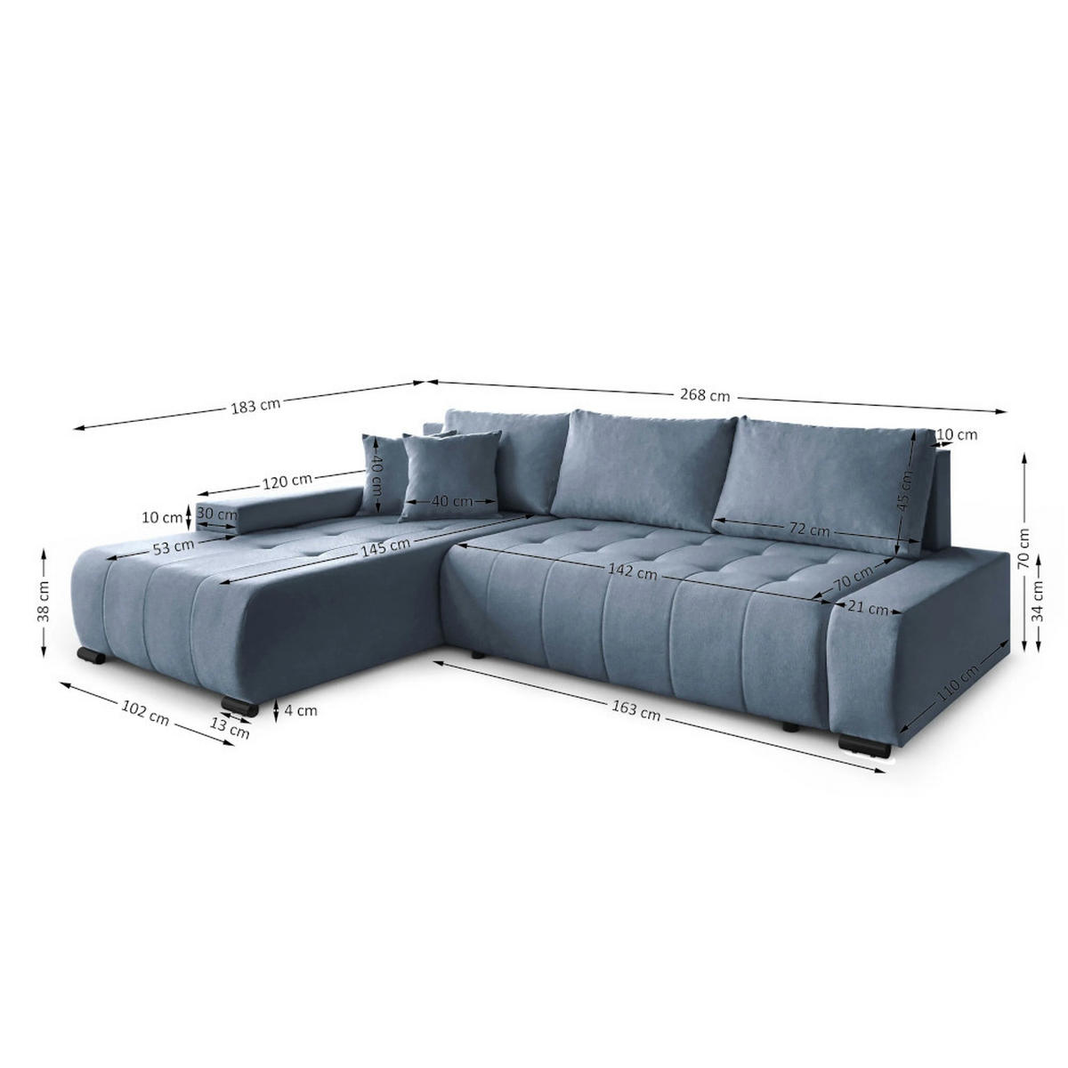 ECKSCHLAFSOFA Draco L Schwarz - Schwarz, Textil/Metall (268/183cm) - Beautysofa