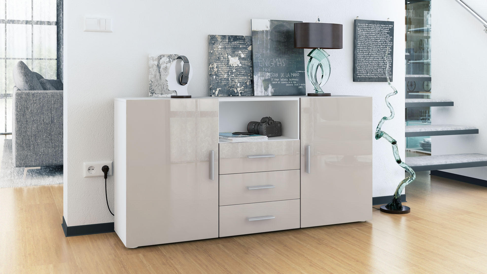 SIDEBOARD Skadu Front in Sandgrau Hochglanz - Sandfarben, Holzwerkstoff (138.5/71.5/35cm) - Vladon
