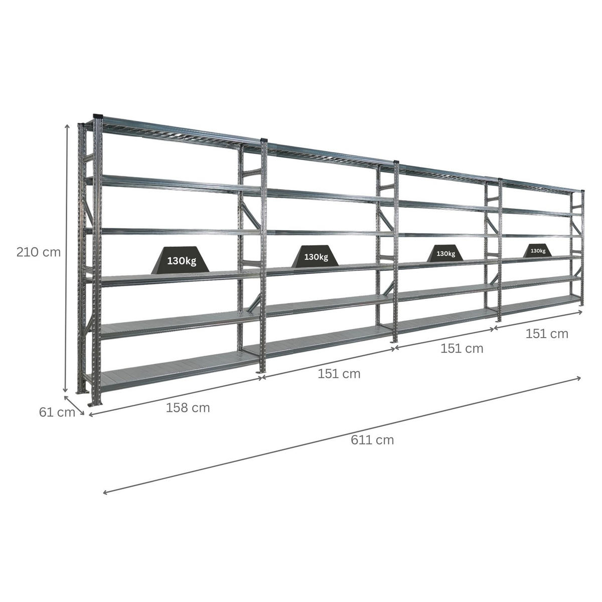 FACHBODENREGAL Proximo Stecksystem 210x600x32cm 6 Ebenen Beidseitig nutzbar Verzinkt - Silberfarben, Metall (600/210/32cm) - PROREGAL