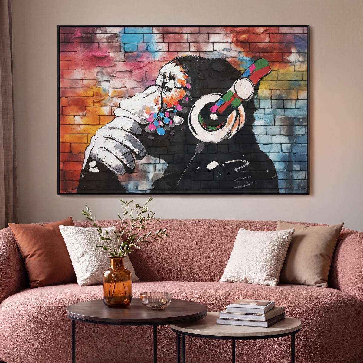 LEINWAND Bilder mit Rahmen - Affe - Graffiti - Musik - 120x80 - Multicolor, Textil (120/80cm) - MuchoWow