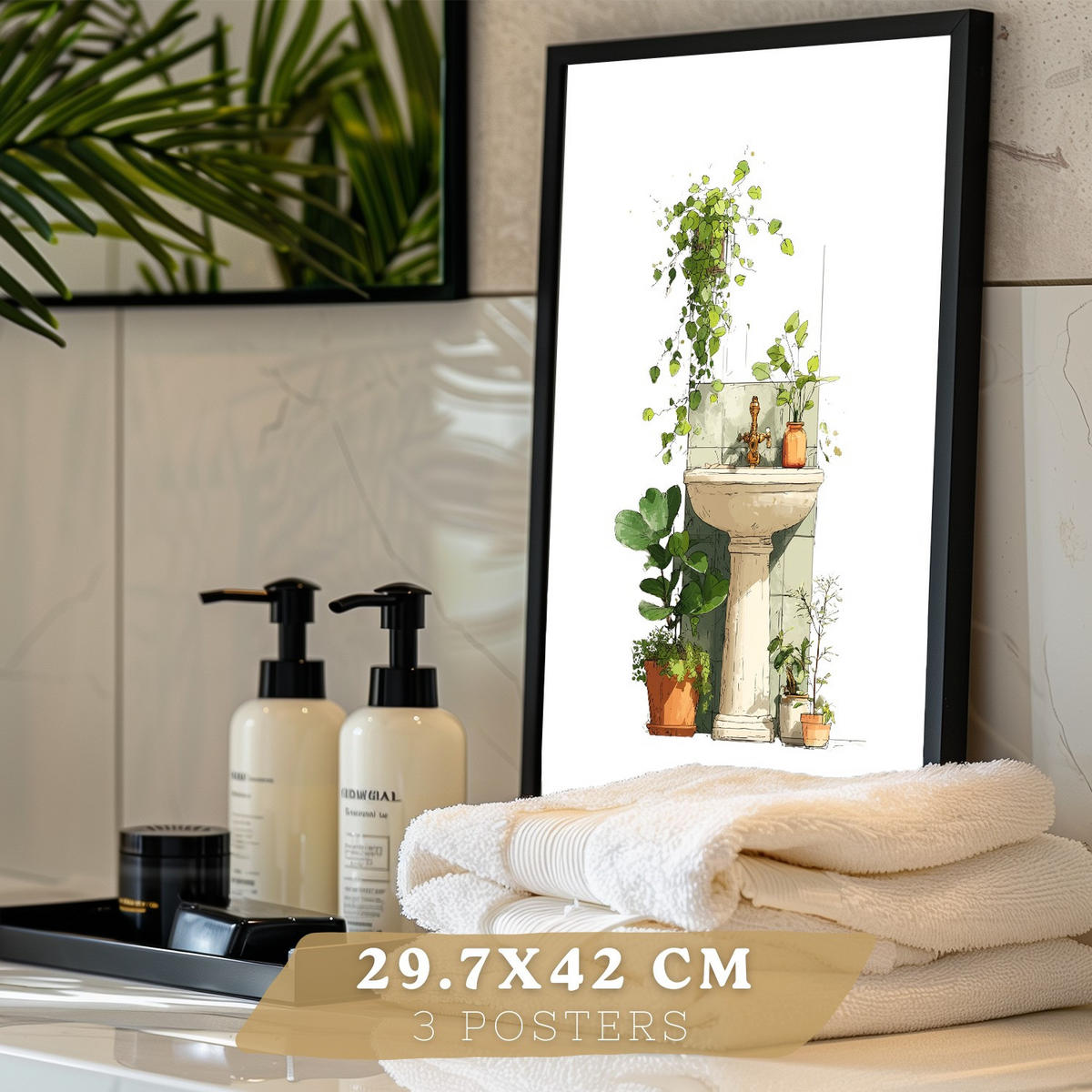 PLAKÁT Sada 3 dekorativních koupelnových tisků Černý rám A3 - černá, papír (42/29.7/3cm) - Nacnic