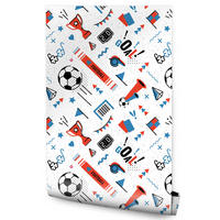 VLIESTAPETE Fußball, Pokale und Flaggen – Rot, Blau, Schwarz, Weiß – 50x1000 cm - Blau/Rot, Papier (50/1000cm) - Muralo