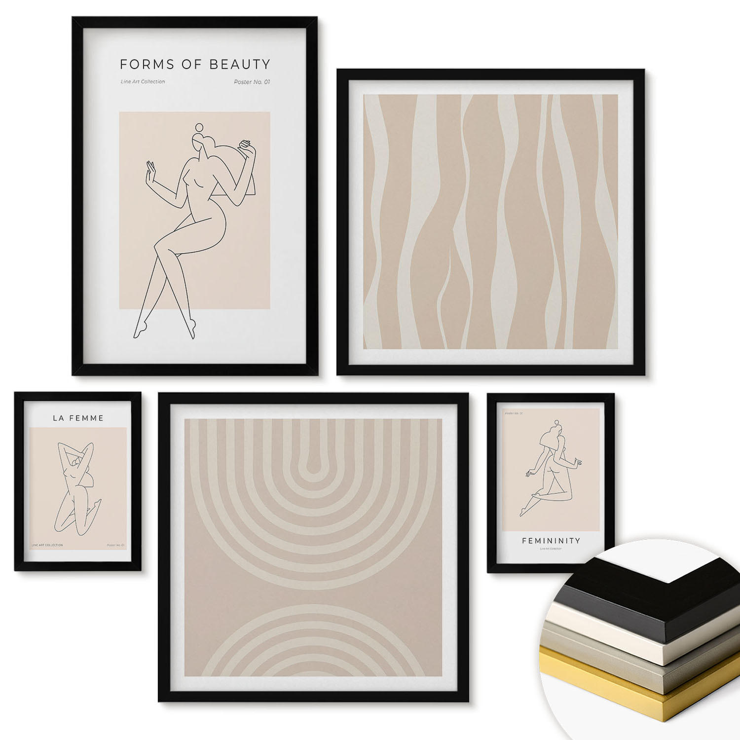 WANDBILDER 5er-Set - 50x50 cm & 20x30 cm & 40x60 cm Schwarzer Rahmen - Eine Sammlung minimalistischer Formen - Schwarz, Kunststoff (40/60cm) - ArtPrintCave