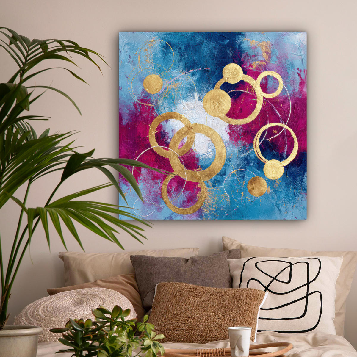 LEINWANDBILD Kreise - Gold - Abstrakt Deko Groß 90x90 cm - Blau, Textil (90/90cm) - MuchoWow