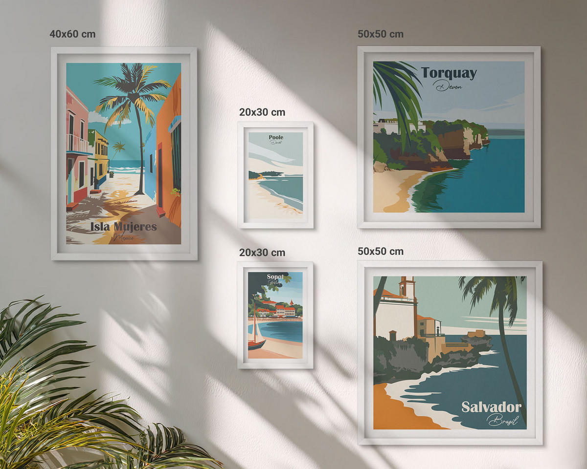 BILDER SET 5er Set - 50x50 cm & 20x30 cm & 40x60 cm Weißer Rahmen - Retro-Ansichten von Städten auf der ganzen Welt - Weiß, Kunststoff (40/60cm) - TULUP
