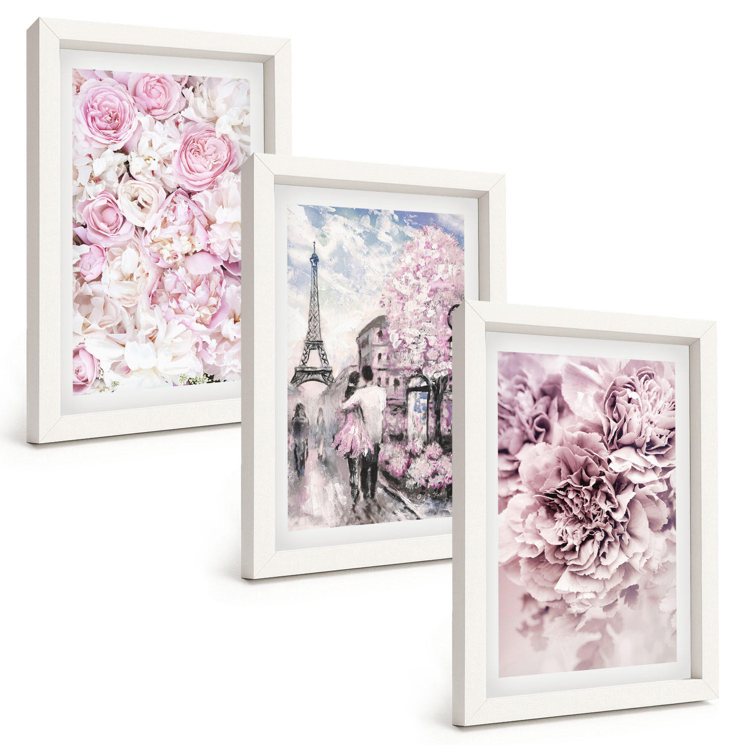 BILDER SET 3er Set - 20x30 cm Weißer Rahmen - Blumenlandschaft in Rosatönen - Weiß, Kunststoff (20/30cm) - TULUP