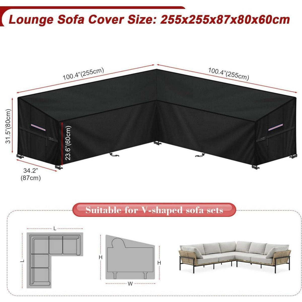 GARTENSOFA Abdeckung L-Form 255x255x87x80/60cm - Schwarz, Textil (87/80/255cm)
