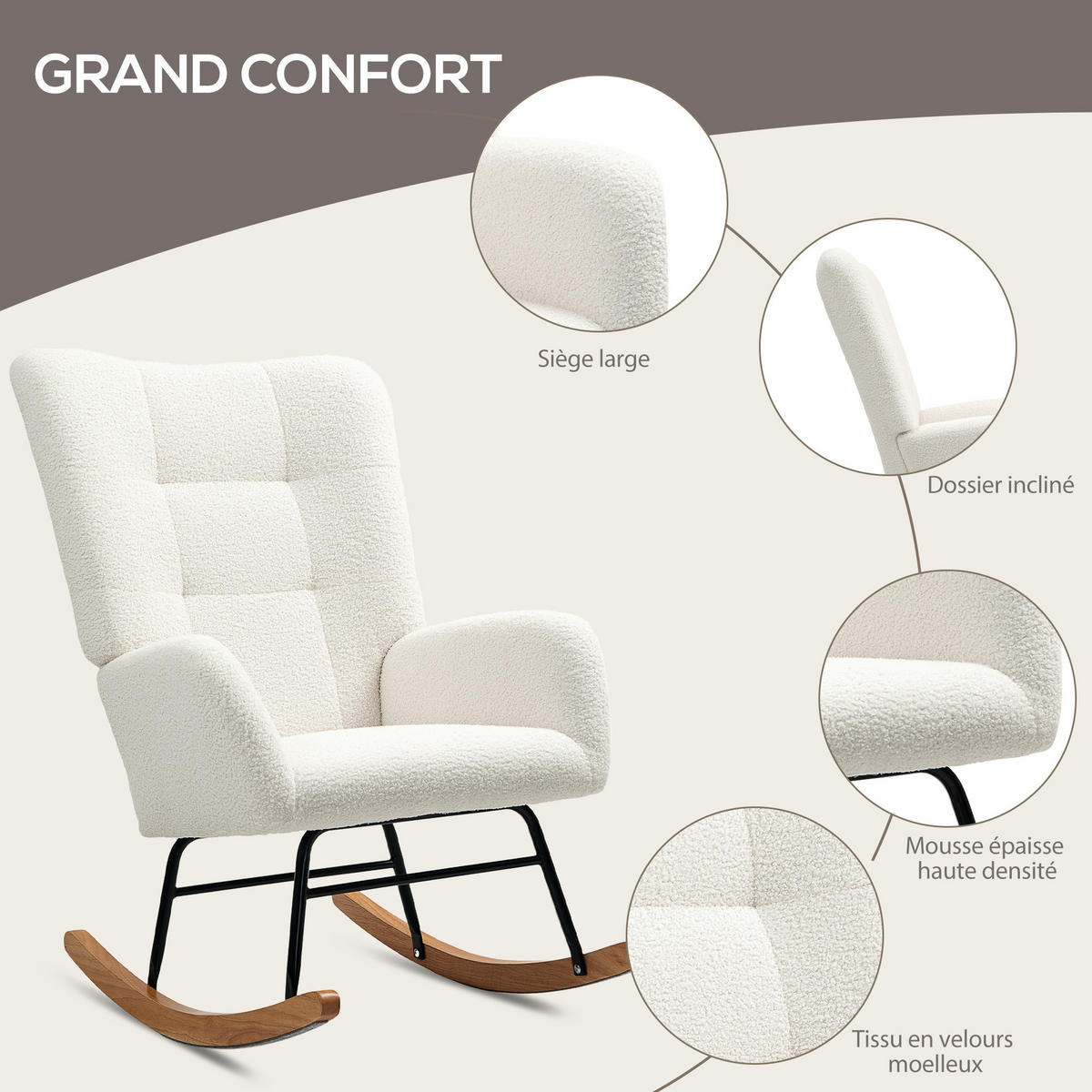 SCHAUKELSTUHL DE-17390 90-115° Neigung, Bouclé-Wolloptik Creme - Creme, Metall (70/100/94cm) - ComfortXL