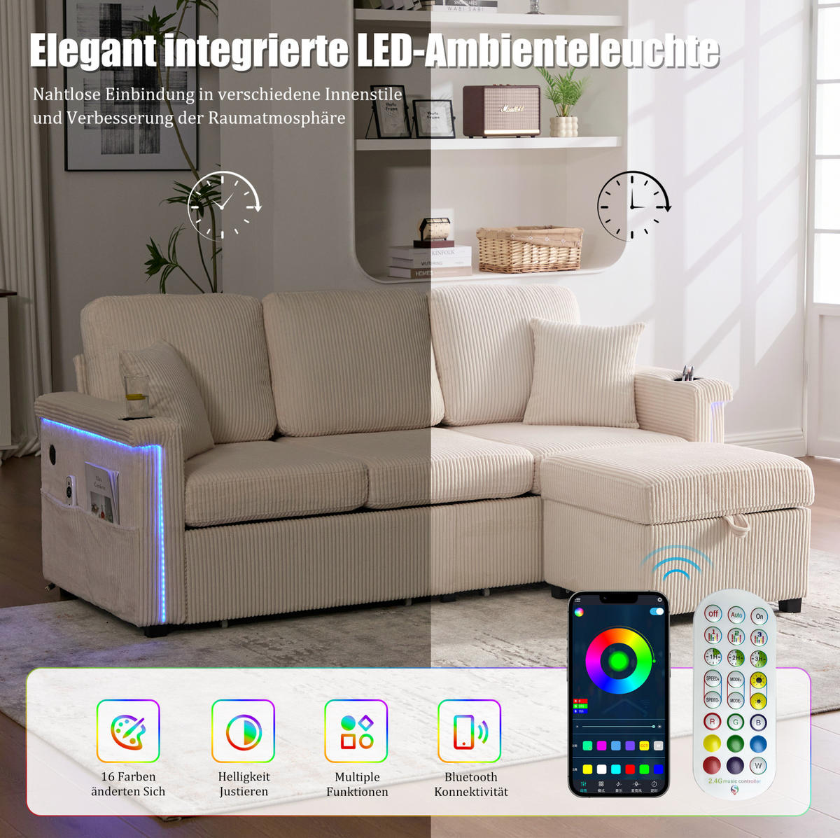ECKSOFA aus Cord 194x73x81 cm Beige mit LED-Beleuchtung, USB-C-Anschluss, Seitentaschen und 2 Schubladen - Beige, Textil (194/73cm) - Modfu
