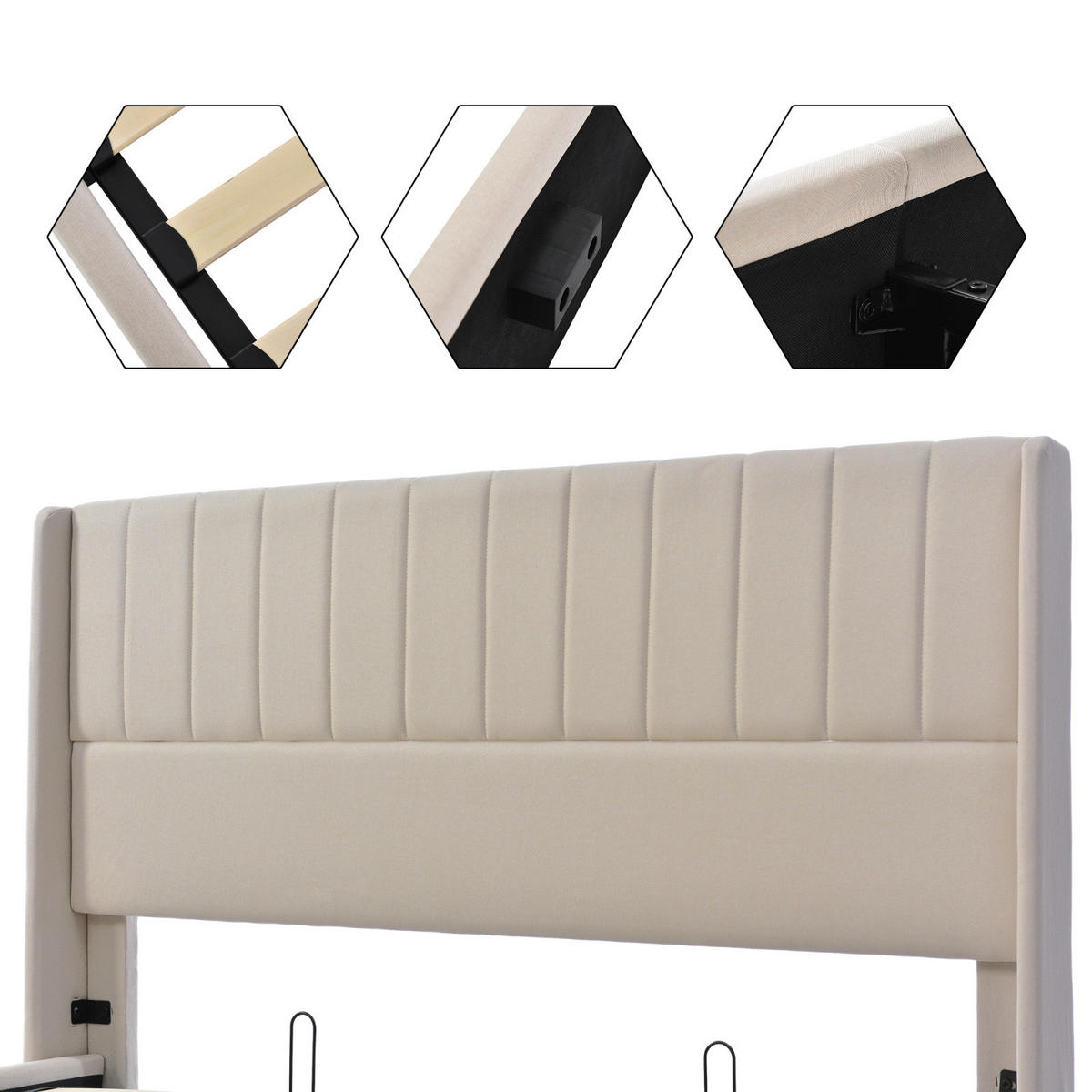 POLSTERBETT 160x200 cm, Beige, Hydraulisches Doppelbett - Beige, Textil/Metall (160/200cm)