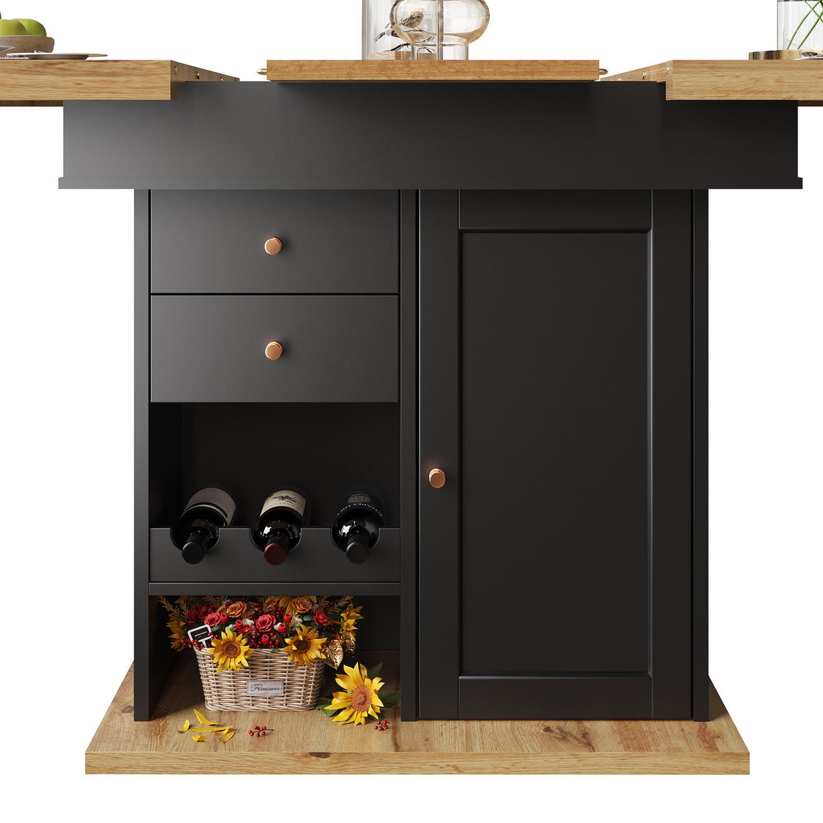 ESSTISCH aus MDF 110-140x80x75 cm Schwarz/Natur mit Auszug, Stauraum und Snack-/Weinregalen - Schwarz, Holzwerkstoff (110/80/75cm) - Modfu