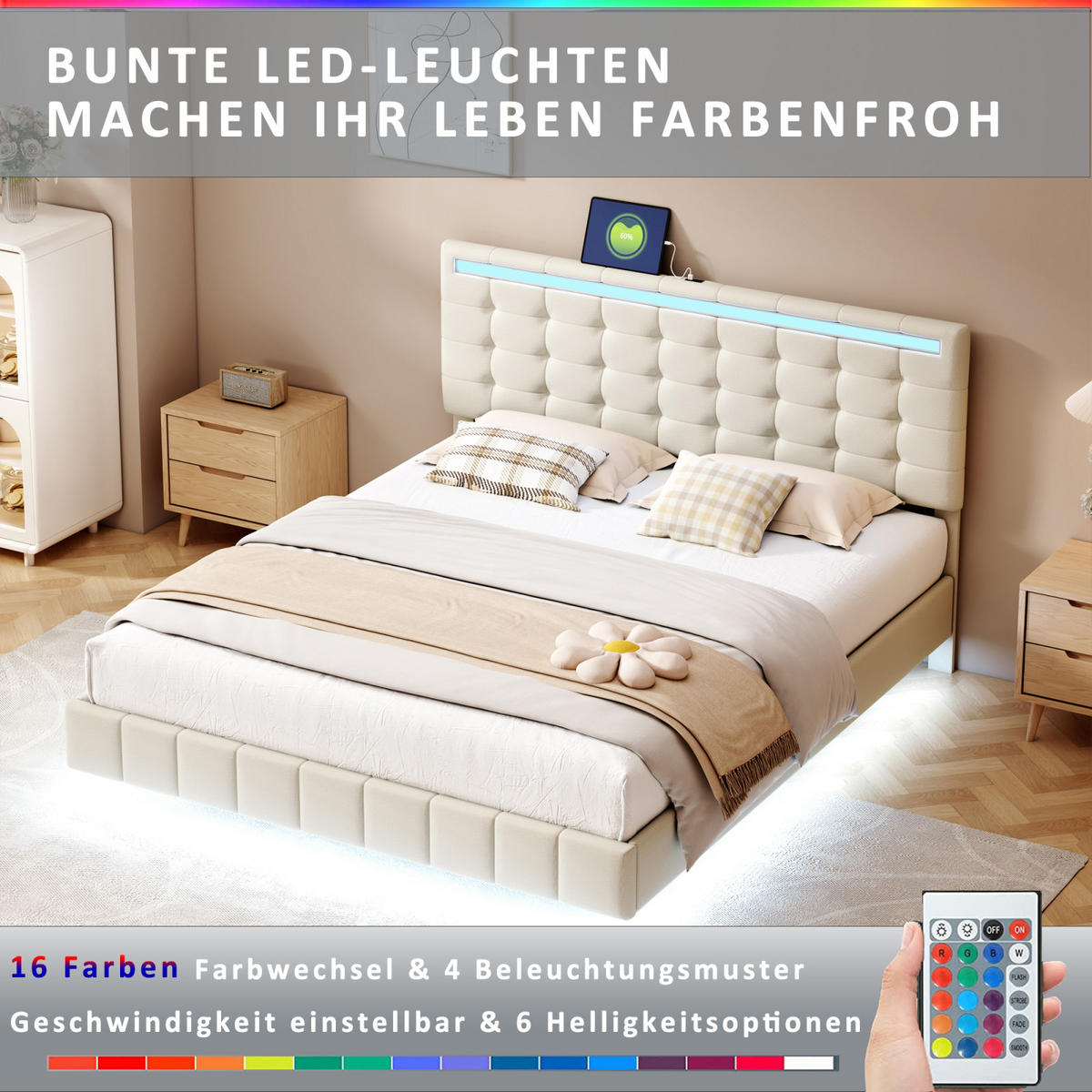 POLSTERBETT 160x200 cm, Beige, mit LED & USB, Leinen - Beige, Textil/Metall (160/200cm)