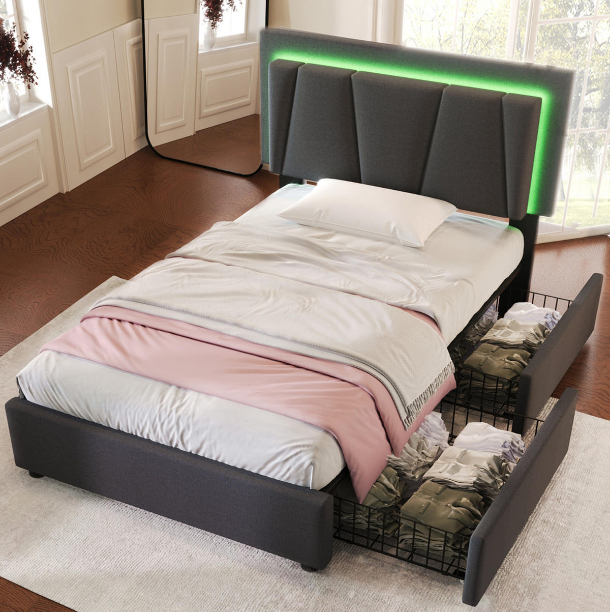 POLSTERBETT aus Holz 90x200 cm in Grau mit LED-Beleuchtung & 2 Schubladen - Grau, Holz (90/200cm) - Modfu