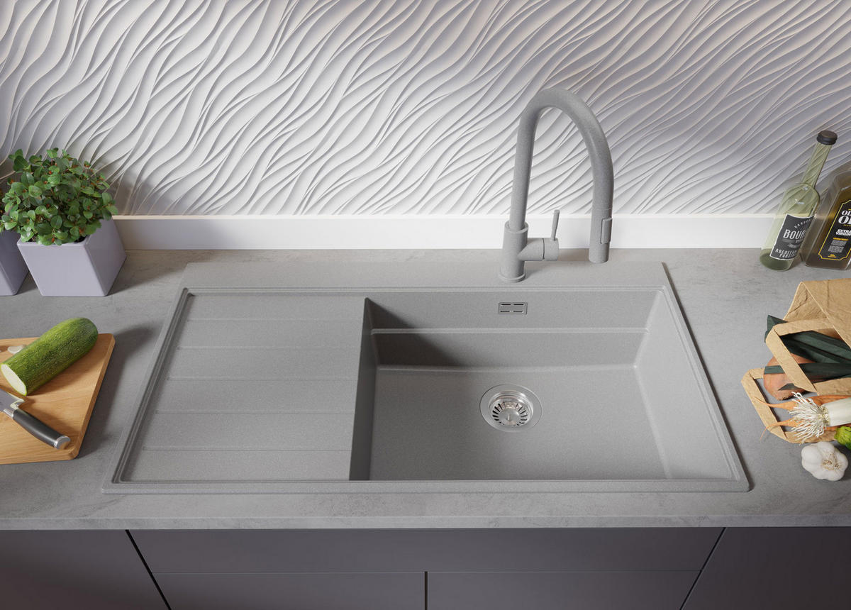 SPÜLBECKEN Sydney, 2-er set Grau 90/50 cm 1 Becken + Ablauf-Set + Küchenzubehörset ab 60er Unterschrank - Chromfarben/Beige, Kunststoff (90/20/50cm) - Primagran