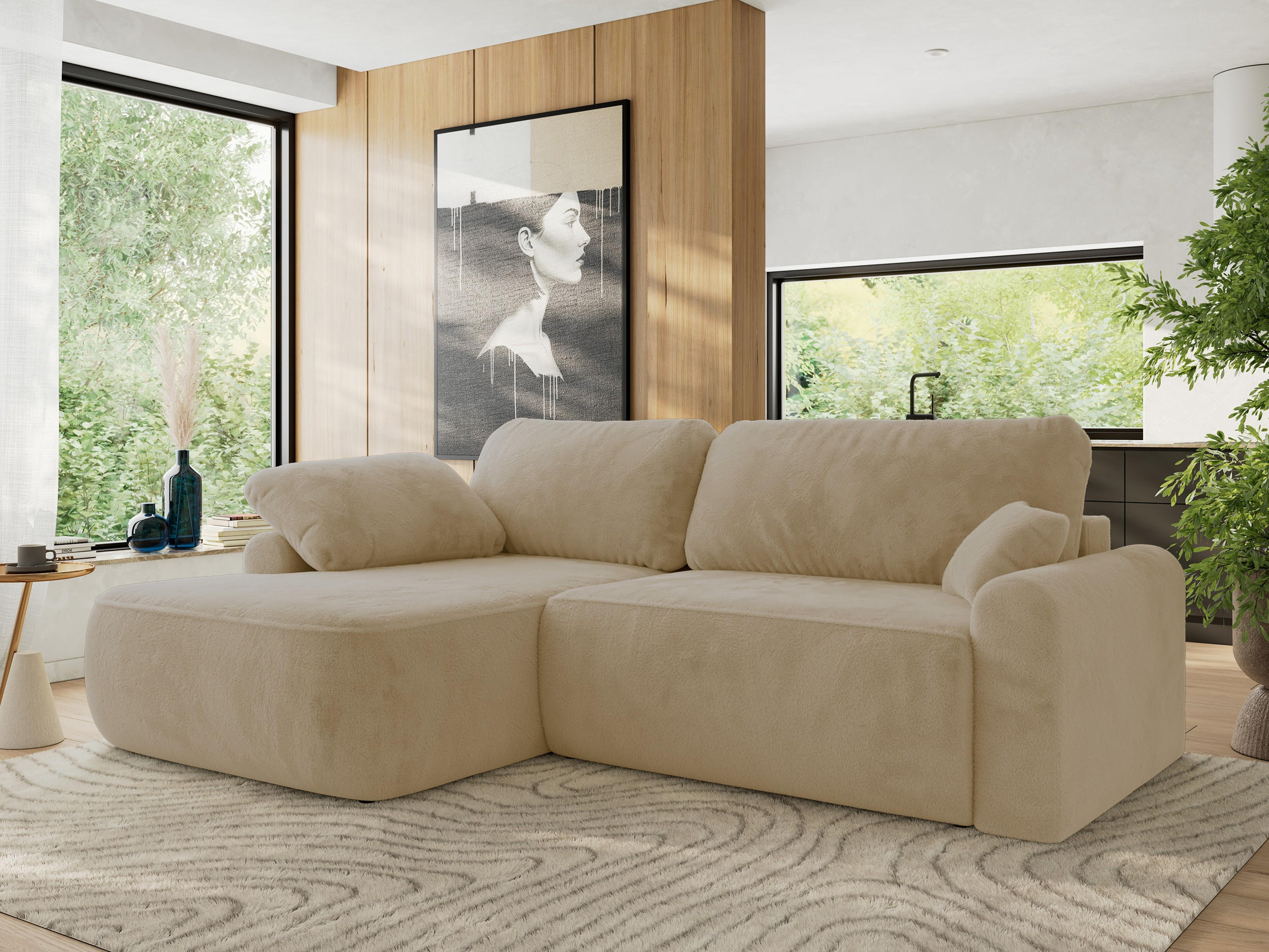 ECKSCHLAFSOFA CUBO L Creme Plüsch - links - Creme/Schwarz, Kunststoff/Textil (273/187cm) - MKS