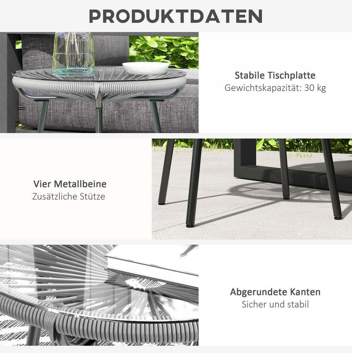 BEISTELLTISCH 50/50/50 cm grau aus Metall mit Glasplatte und PE-Rattan - Grau, Metall (50/50/50cm) - OKWISH
