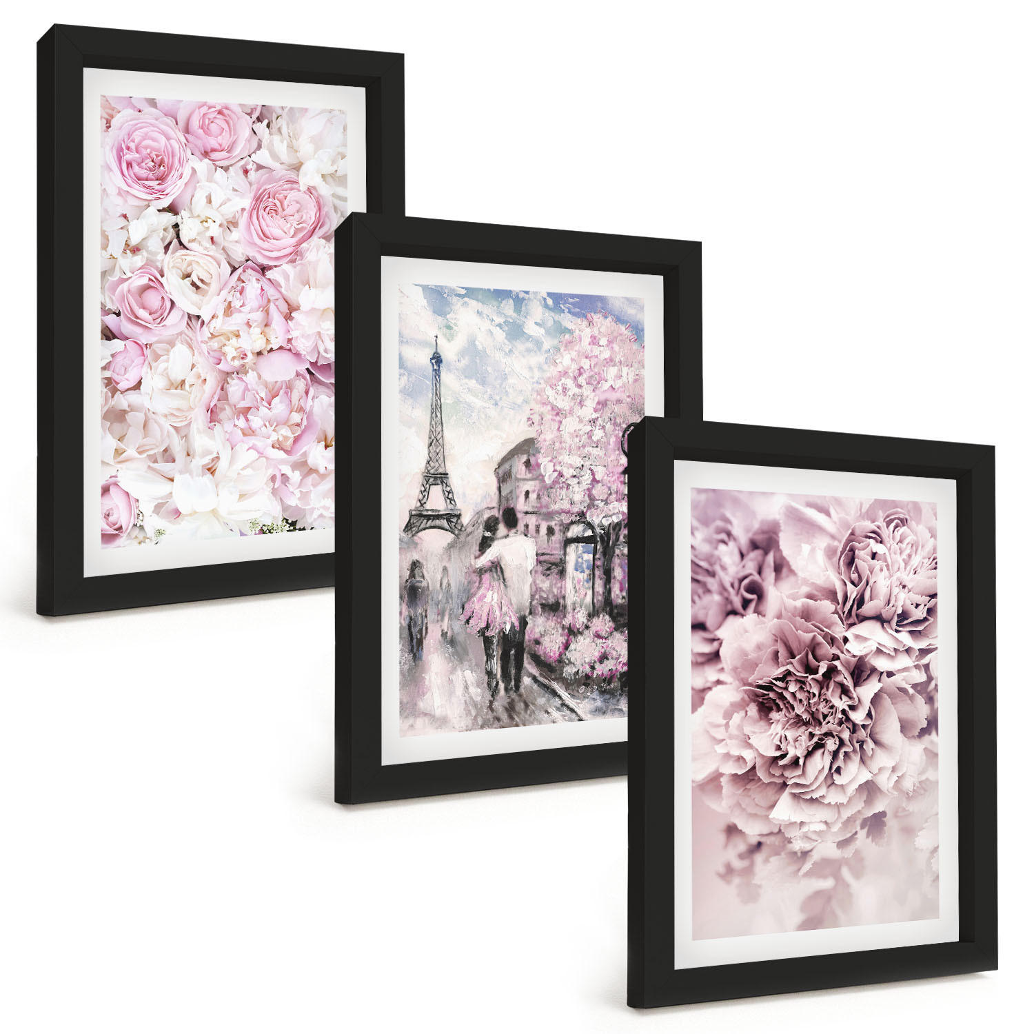 BILDER SET 3er Set - 20x30 cm Schwarzer Rahmen - Blumenlandschaft in Rosatönen - Schwarz, Kunststoff (20/30cm) - TULUP