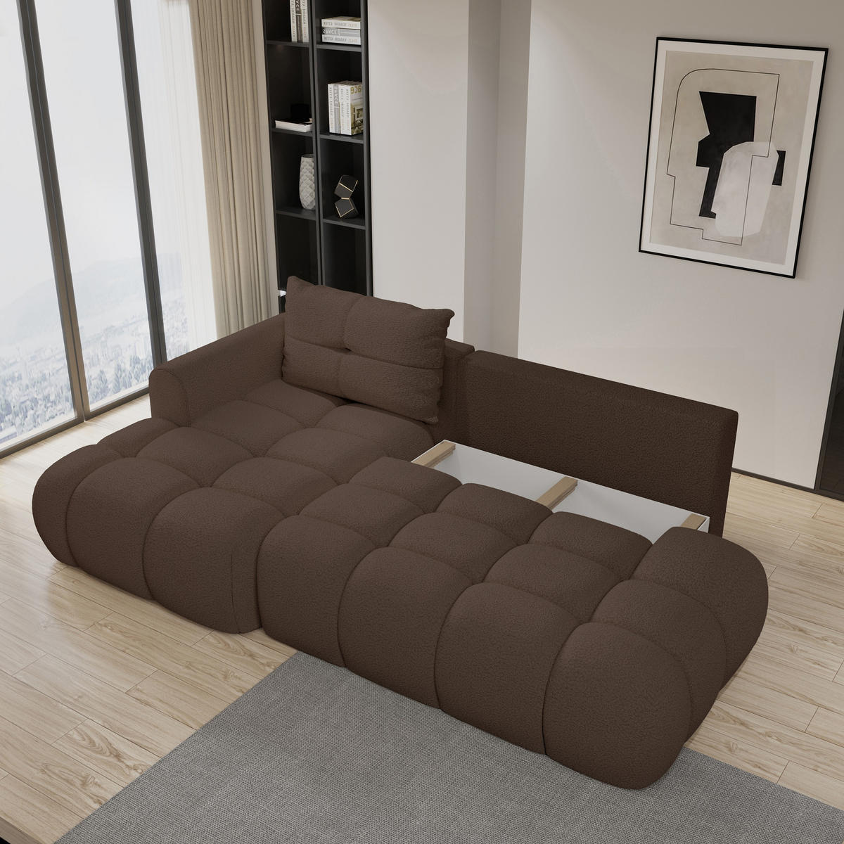 ECKSOFA FLUMA L-S Braun Boucle-Stoff mit Schlaffunktion - Braun, Holz (274/165cm) - MASSENO