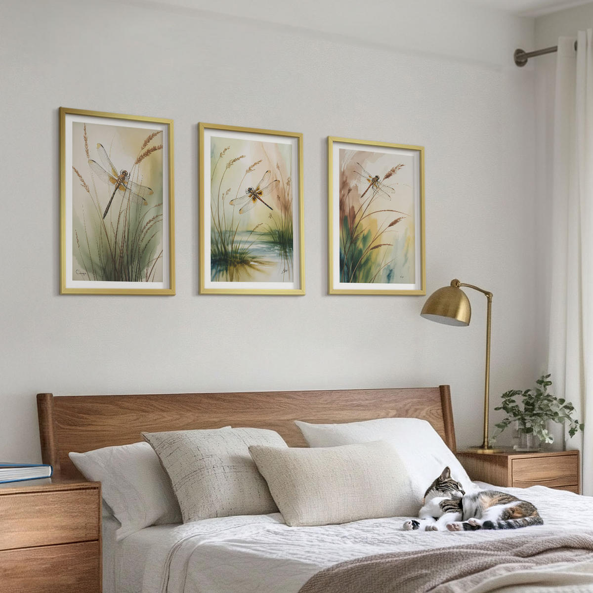 BILDER SET 3er Set - 40x60 cm Goldrahmen - Libellen im Gras, Wassermalerei - Goldfarben, Kunststoff (40/60cm) - TULUP